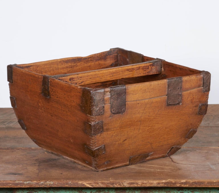 Antique Chinese Rice Measure Basket with Original Iron Decoration at