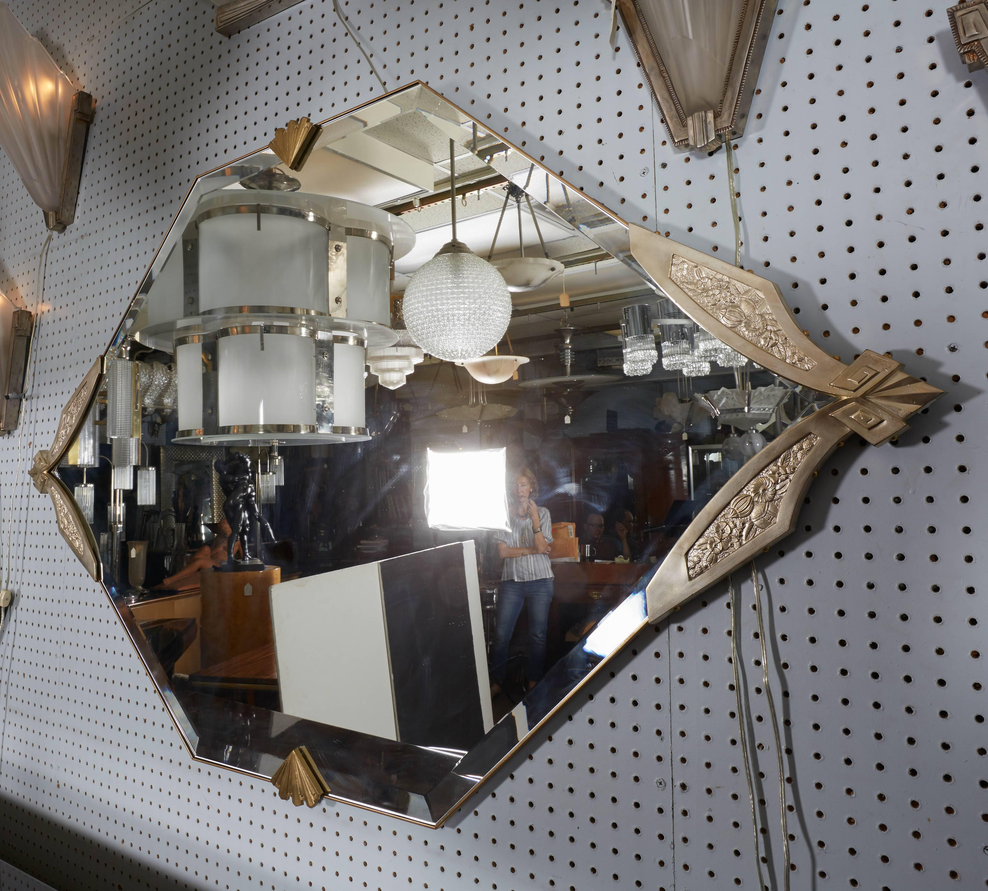 20th Century Very Large French Art Deco Diamond Shaped Mirror, White Gold over Bronze Finish