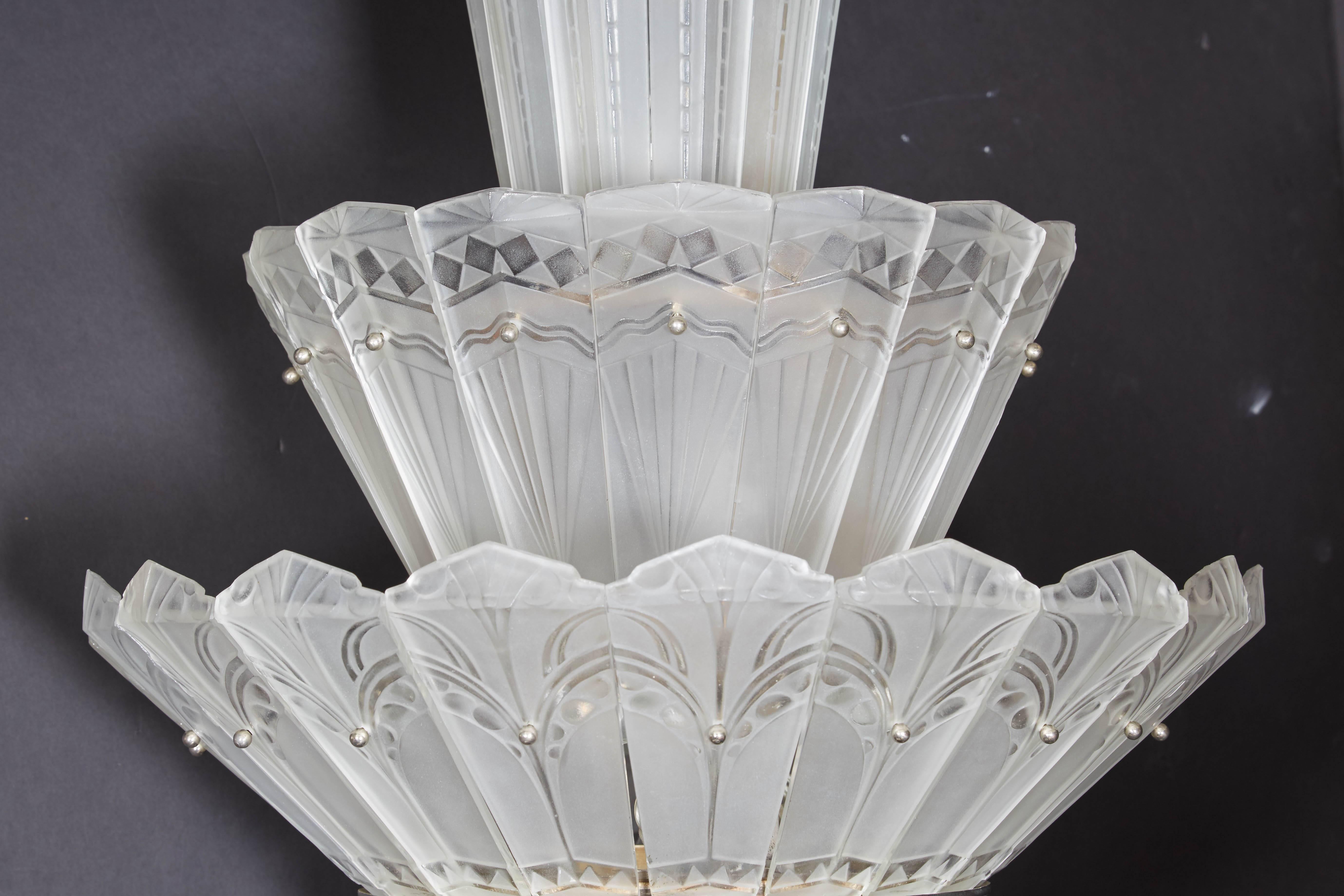 Rare Original French Art Deco Tiered Sabino Chandelier For Sale 3