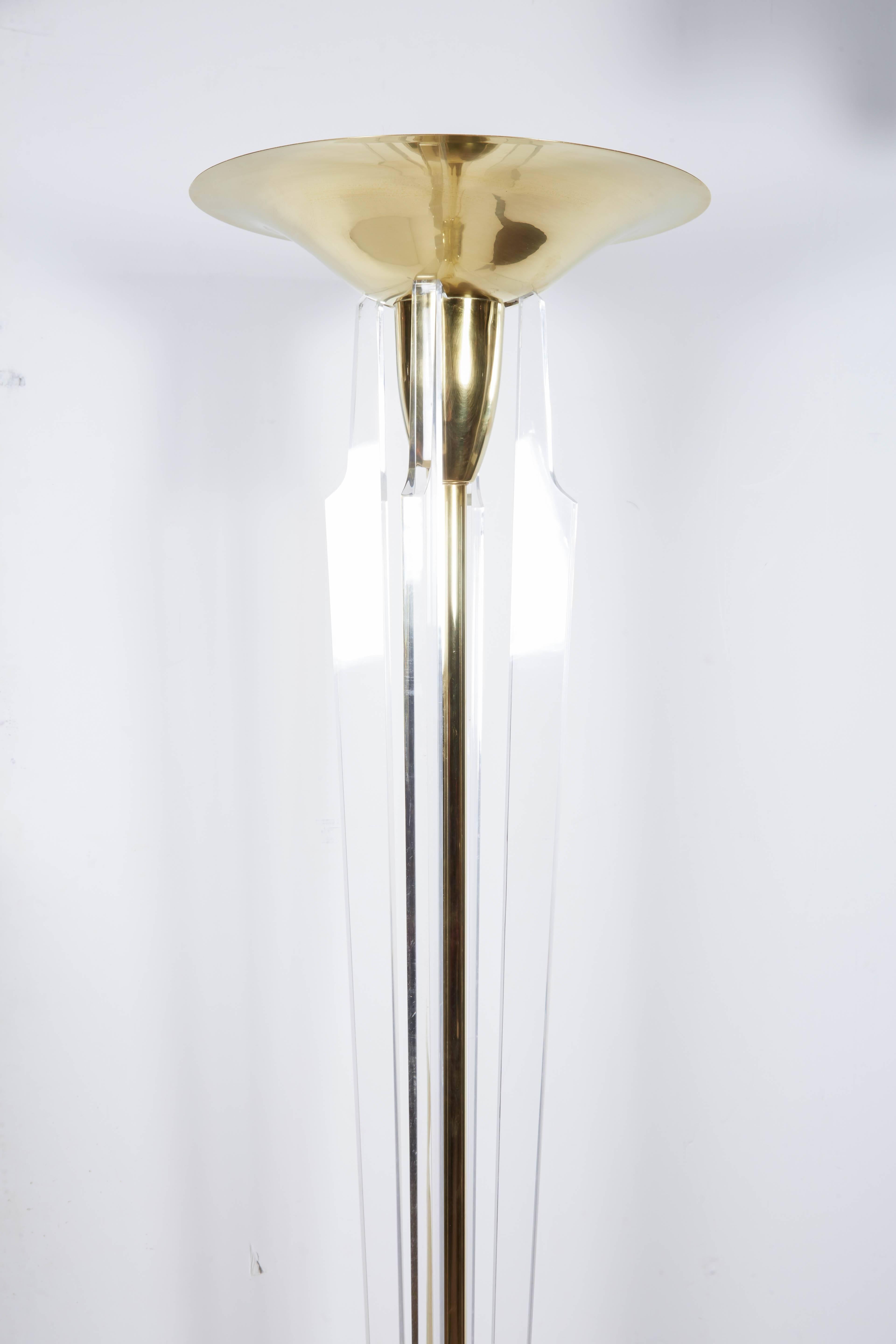 20th Century Italian Brass and Lucite Torchere/ Standing Lamp For Sale
