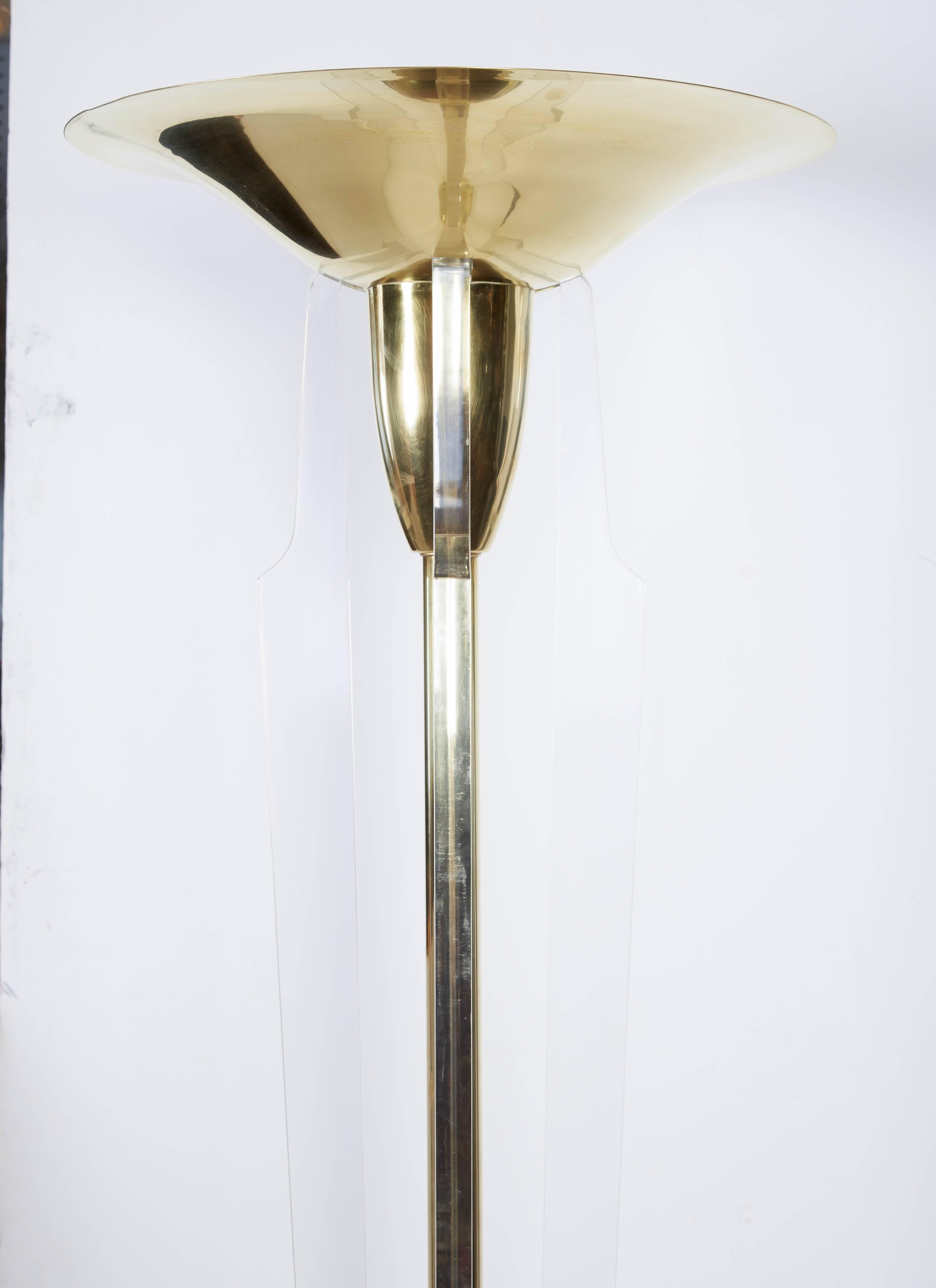 Italian Brass and Lucite Torchere/ Standing Lamp For Sale 1