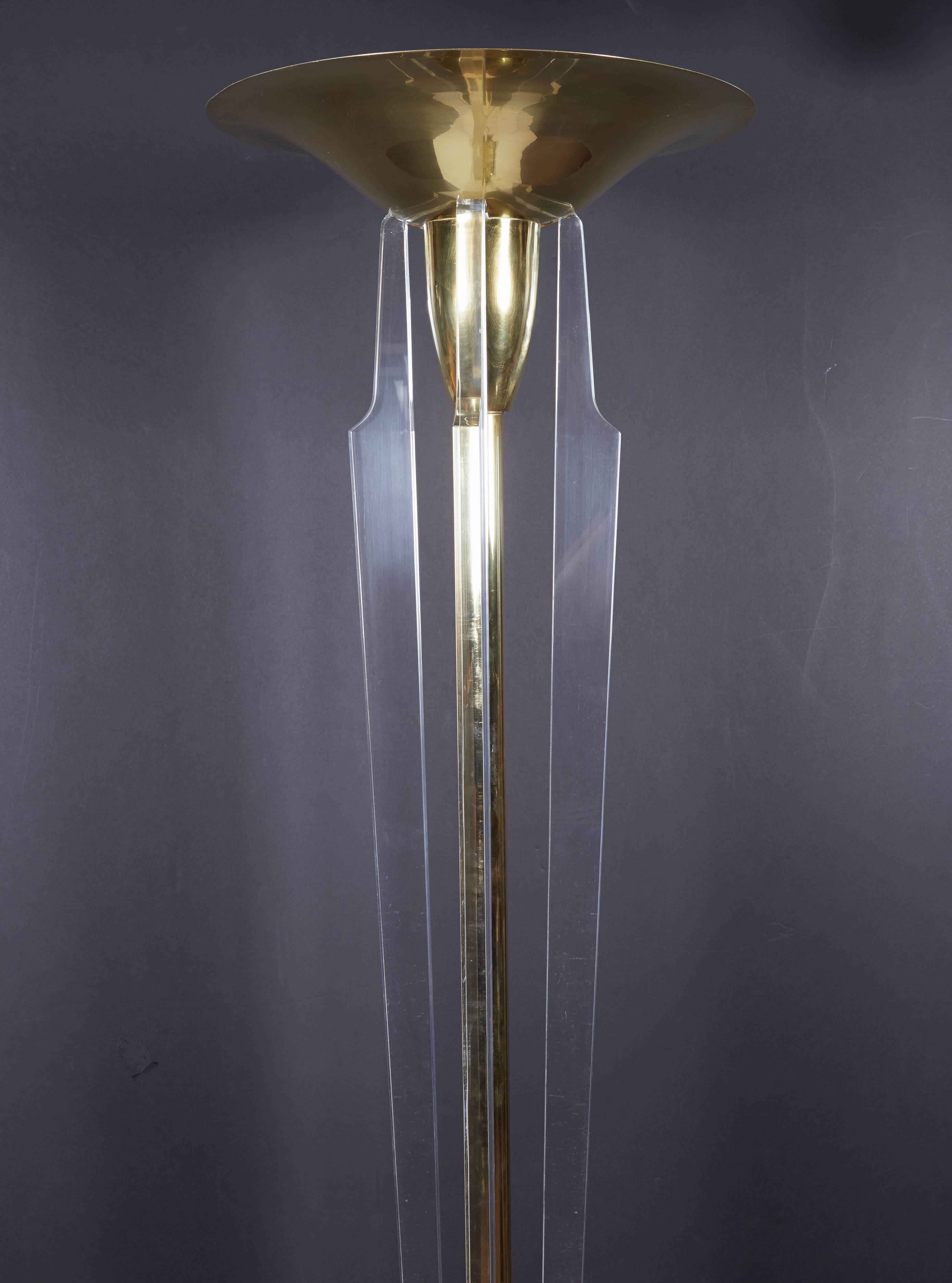 Modern Italian Brass and Lucite Torchere/ Standing Lamp For Sale