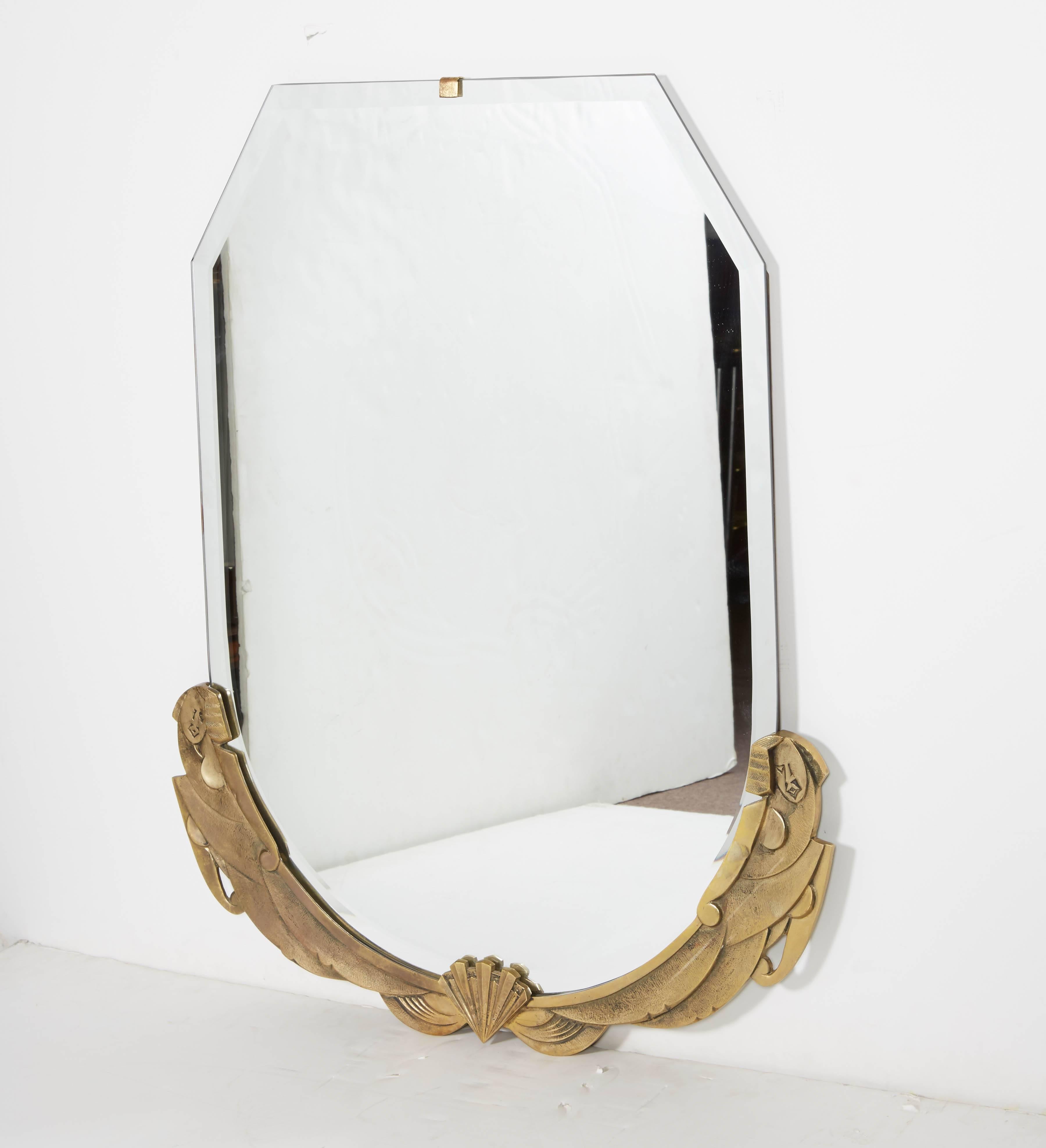 20th Century French Bronze Bevelled Mirror with Stylized Nude Women Surround