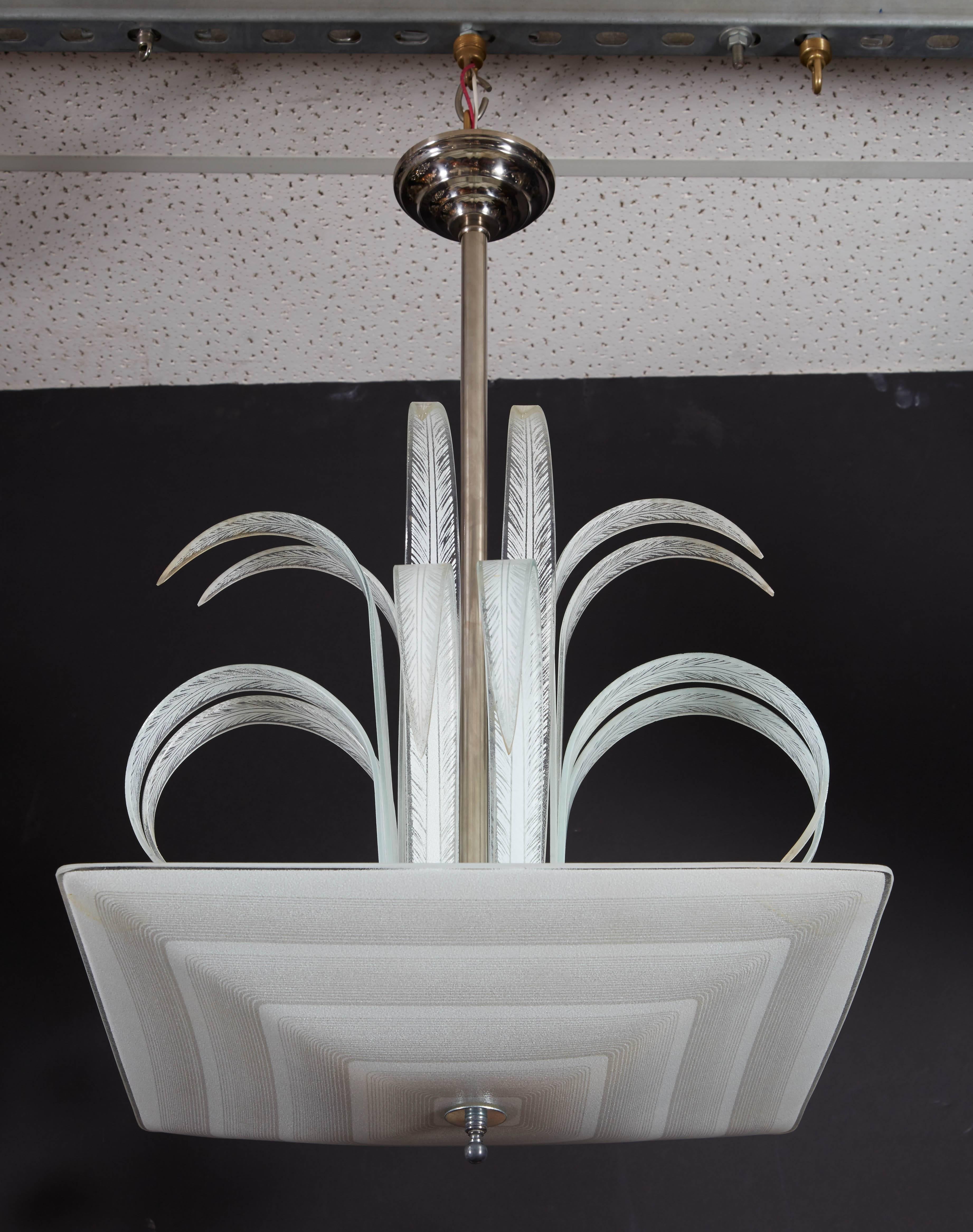 Art Deco Palm/Waterfall Square Pendant Chandelier In Good Condition For Sale In New York City, NY