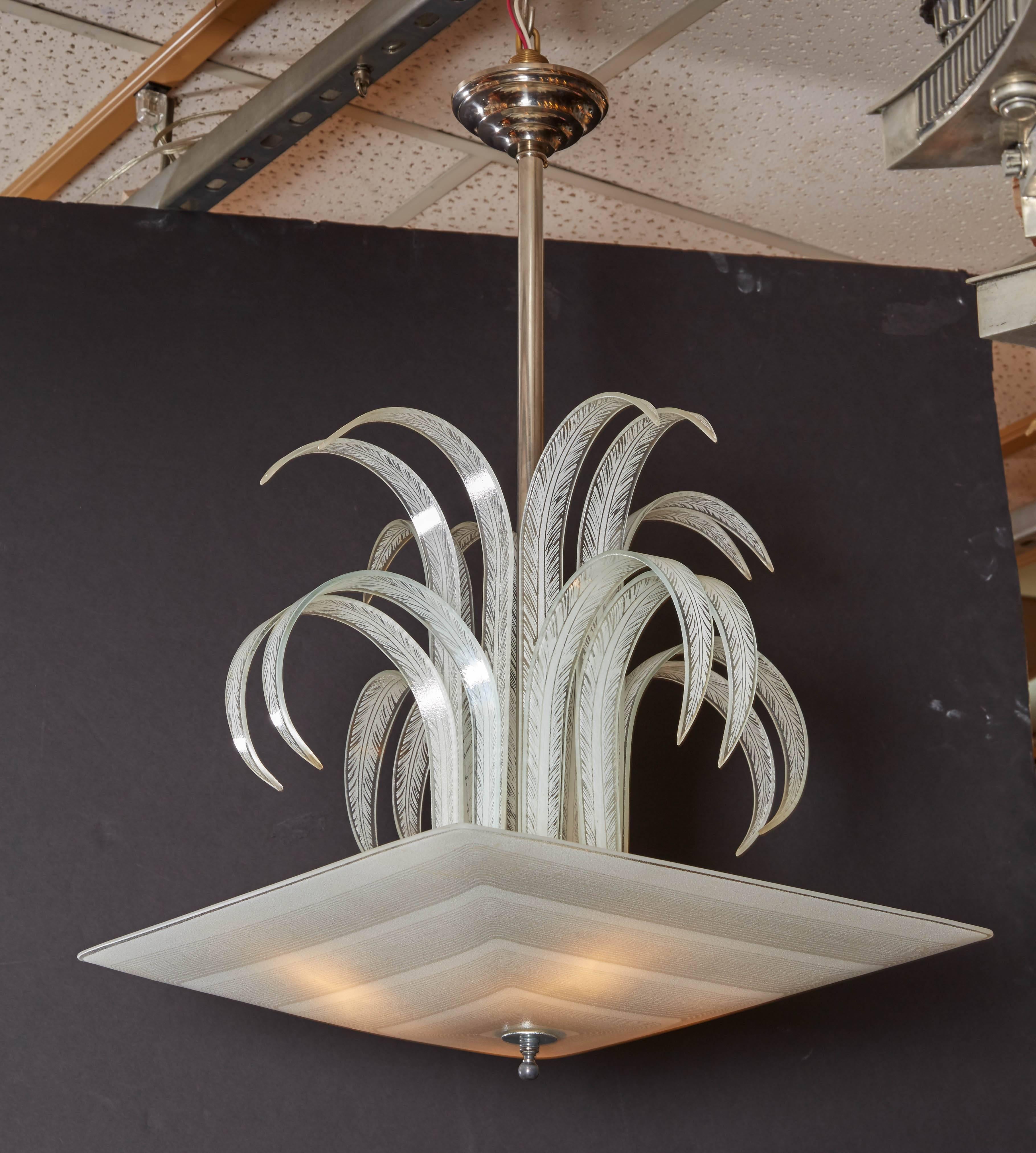 Art Deco Palm/Waterfall Square Pendant Chandelier For Sale 5