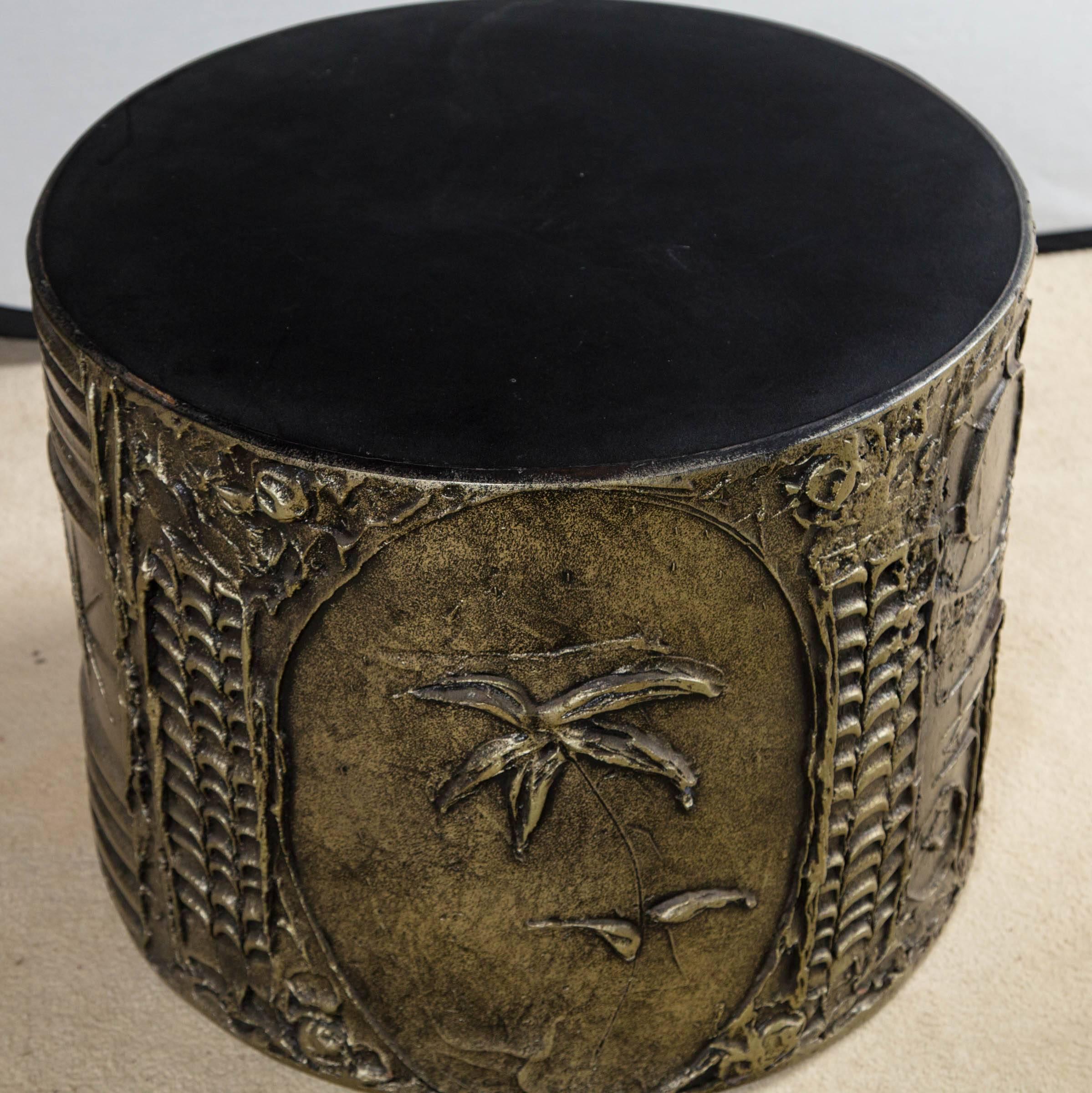 Resin, bronze finish Brutalist cylindrical side table by Adrian Pearsall.