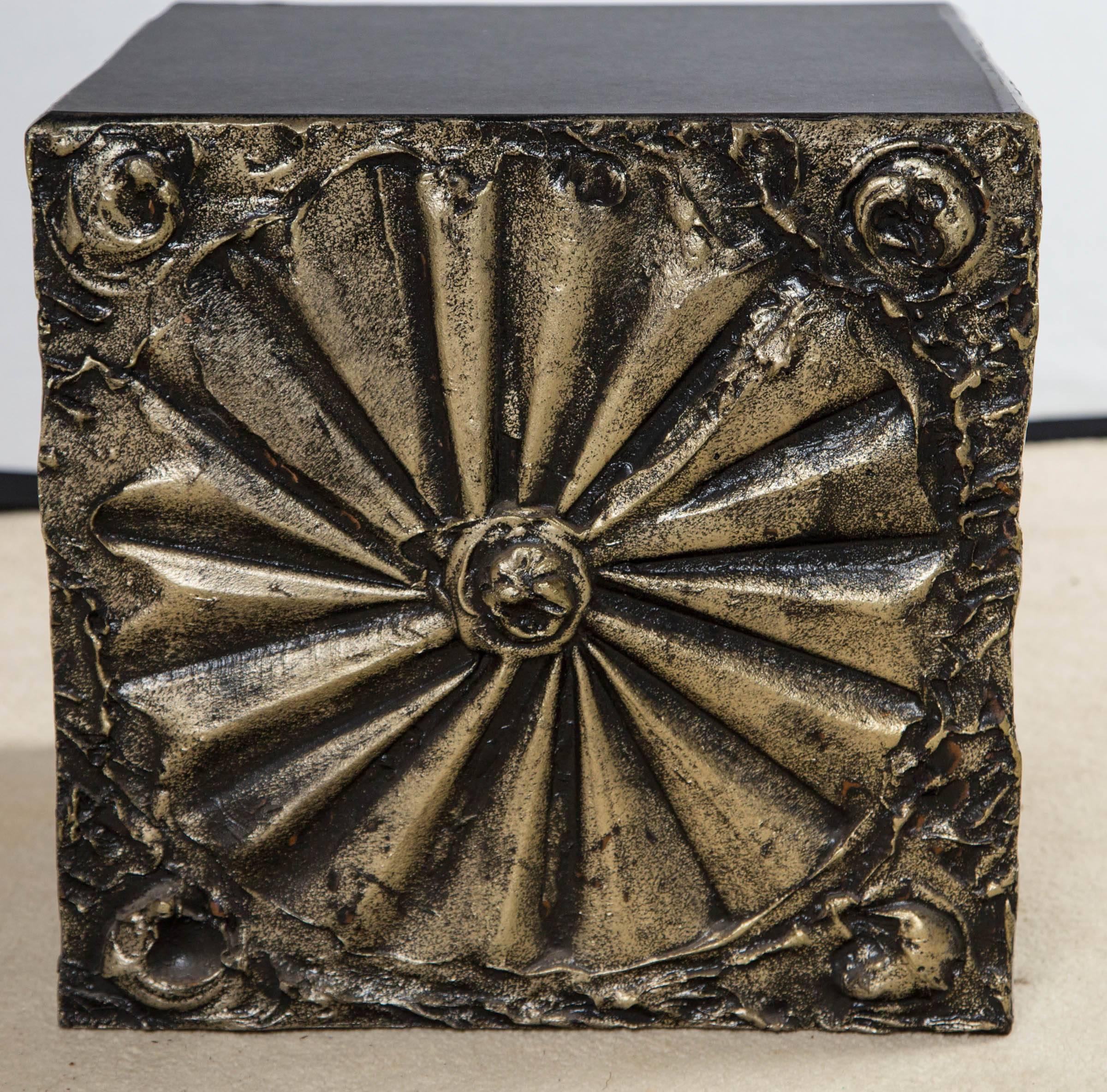 Adrian Pearsall resin, bronze finish Brutalist cube side table.