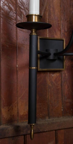 Pair of 1960s Black Tole Hurricane Sconces with Brass Trim, Glass