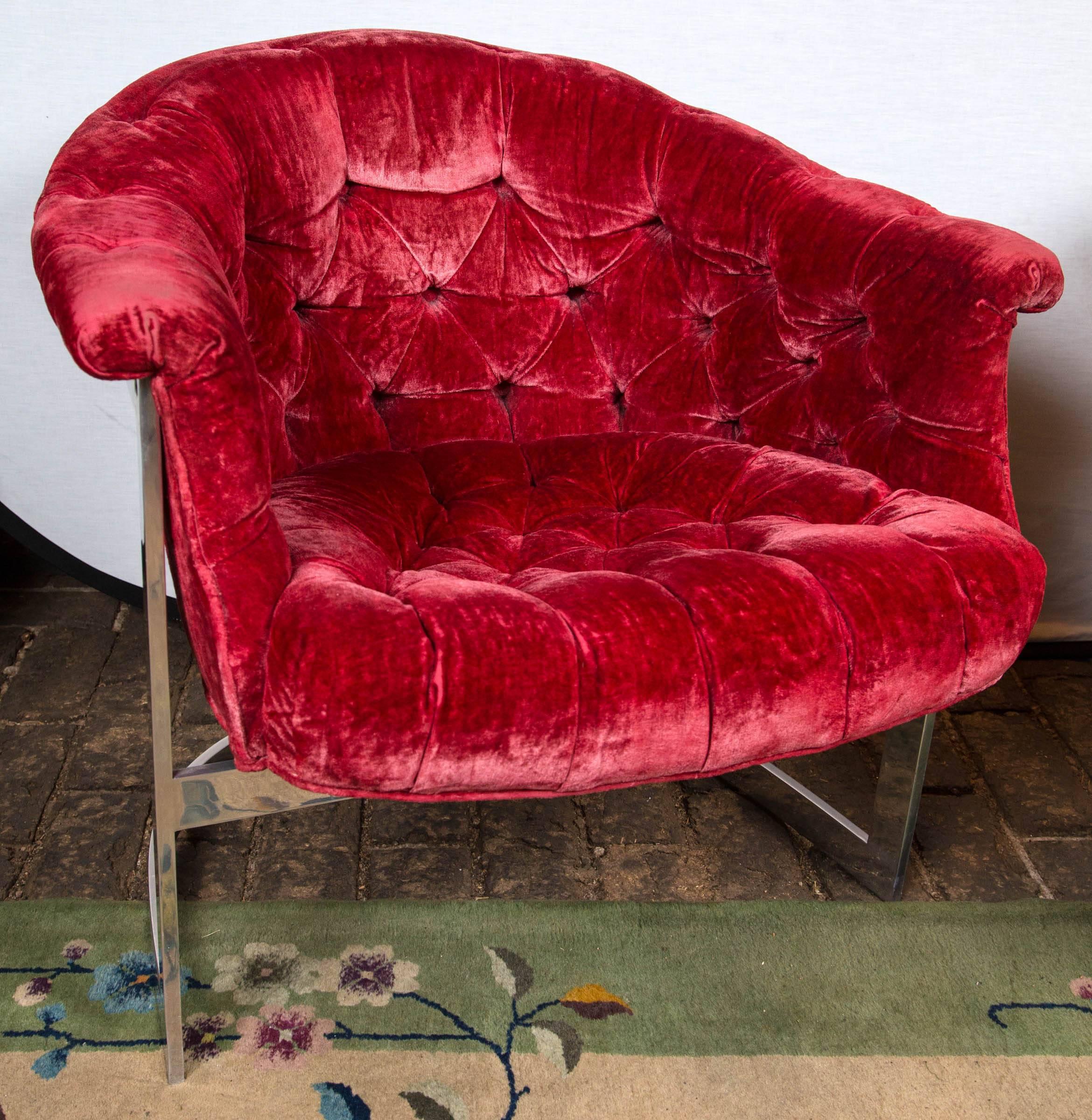 Pair of John Stuart tufted upholstered chairs in cherry red velvet/velour in excellent condition on chrome metal frames. Glamorous.