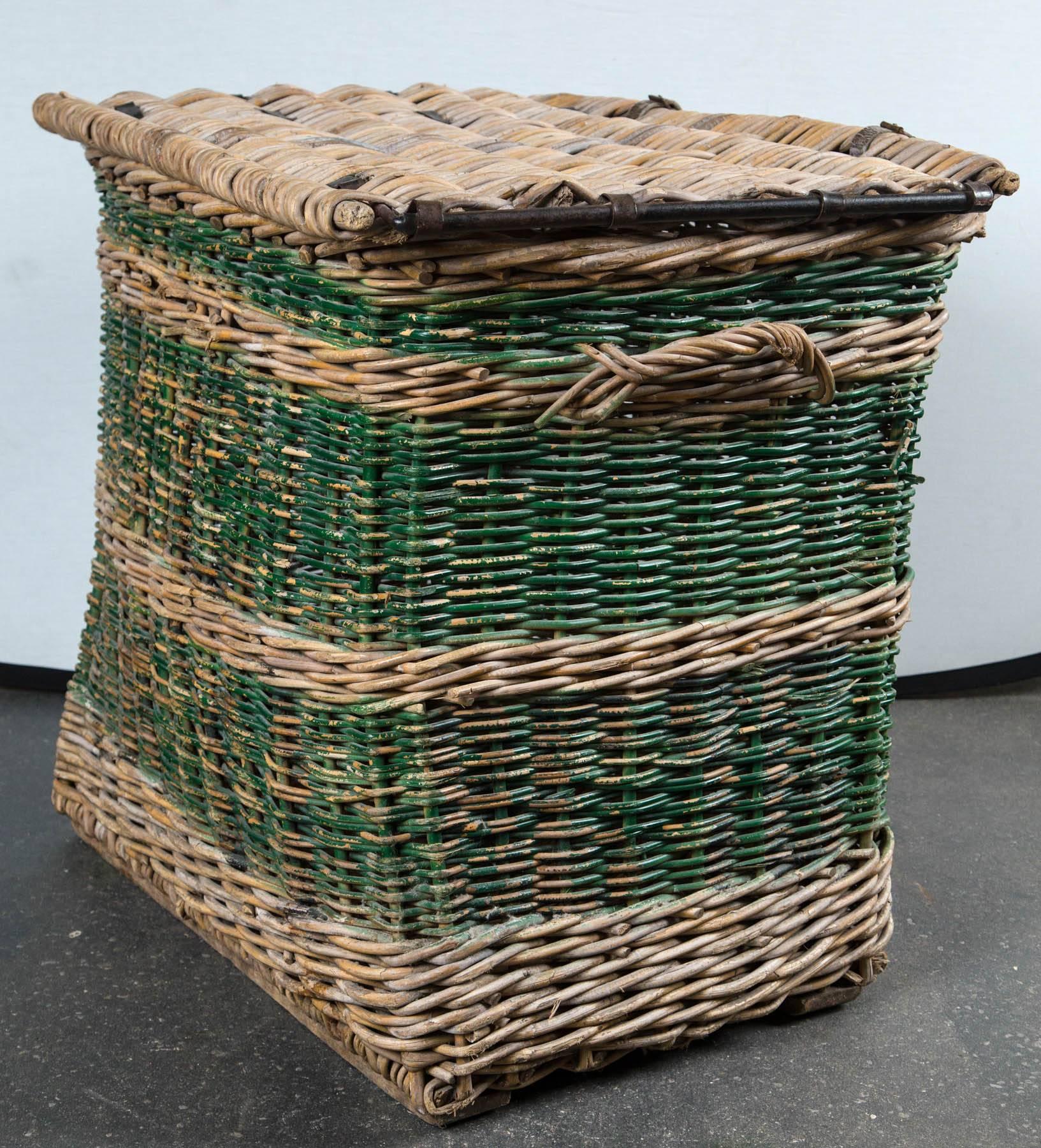 Leather French Woven Rattan Lidded Basket with Handles, circa 1920s