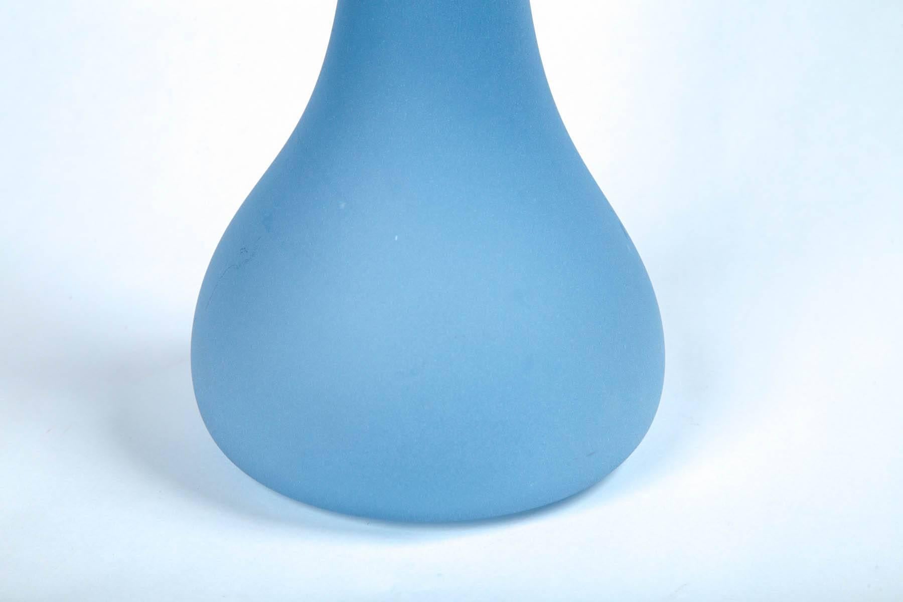 Handblown art glass vase, 20th century. Beautiful matte blue glass. Sculptural shape. Etched signature on bottom.
