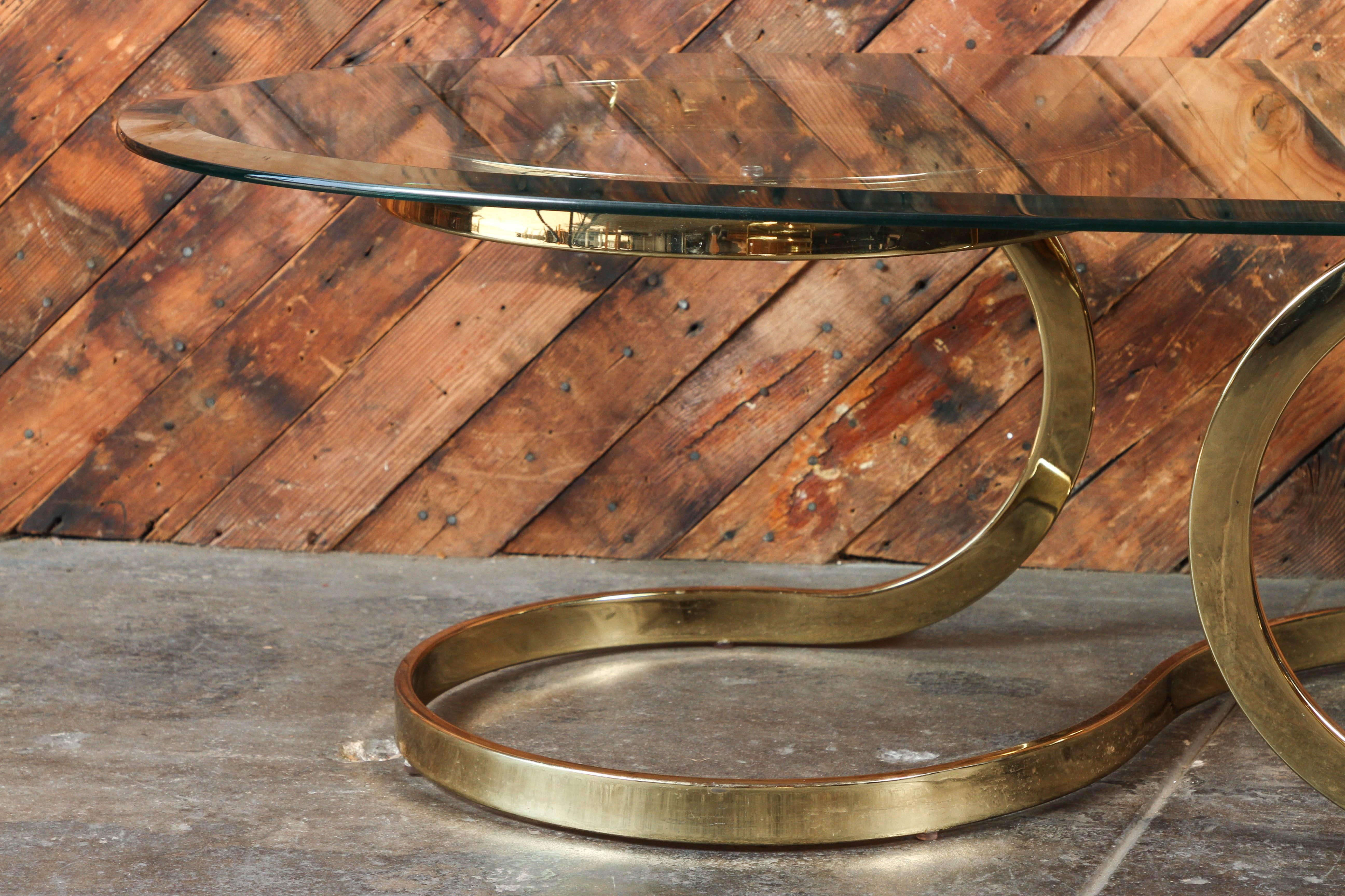 Hollywood Regency Vintage Brass Ribbon Coffee Table with Glass Top