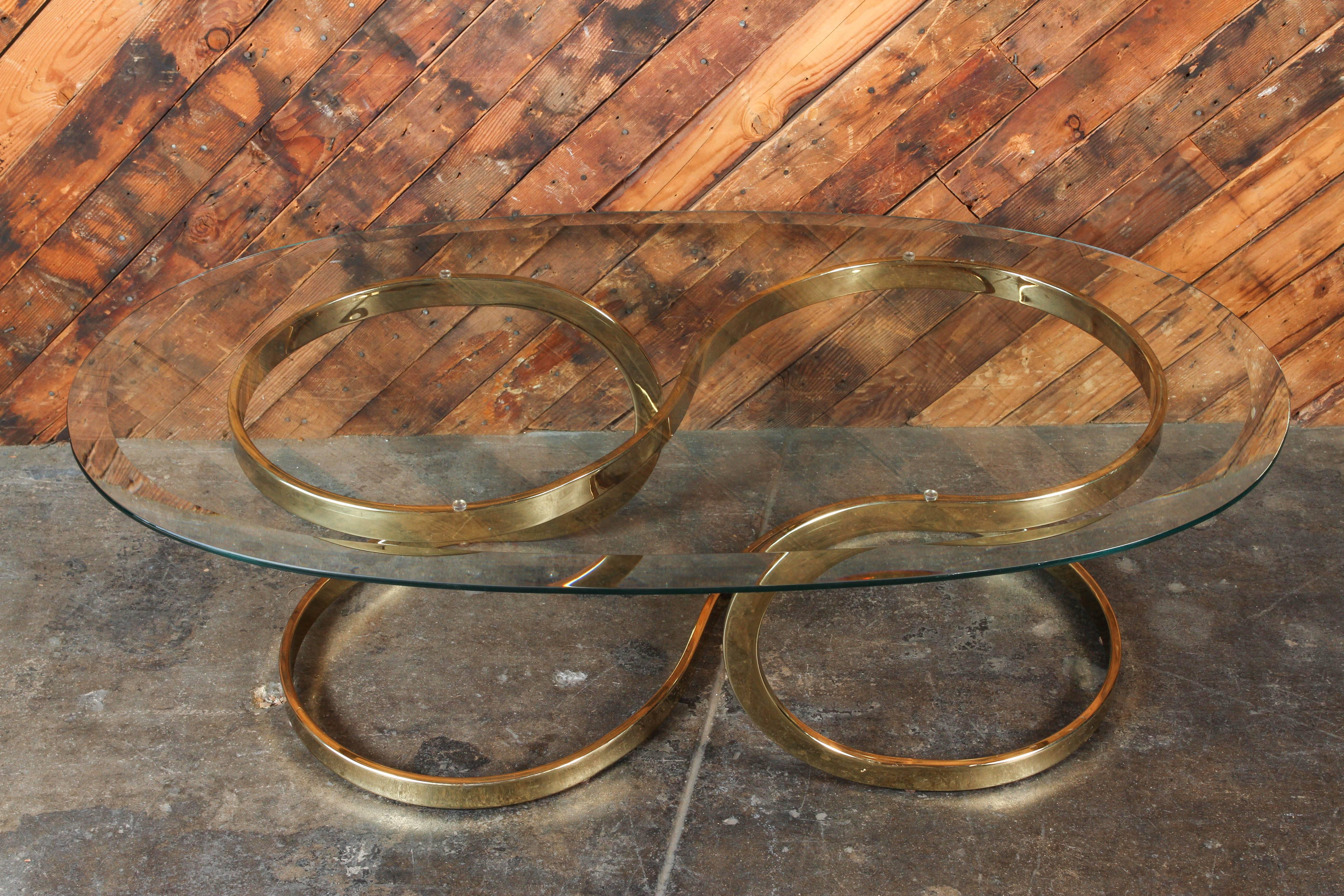 American Vintage Brass Ribbon Coffee Table with Glass Top
