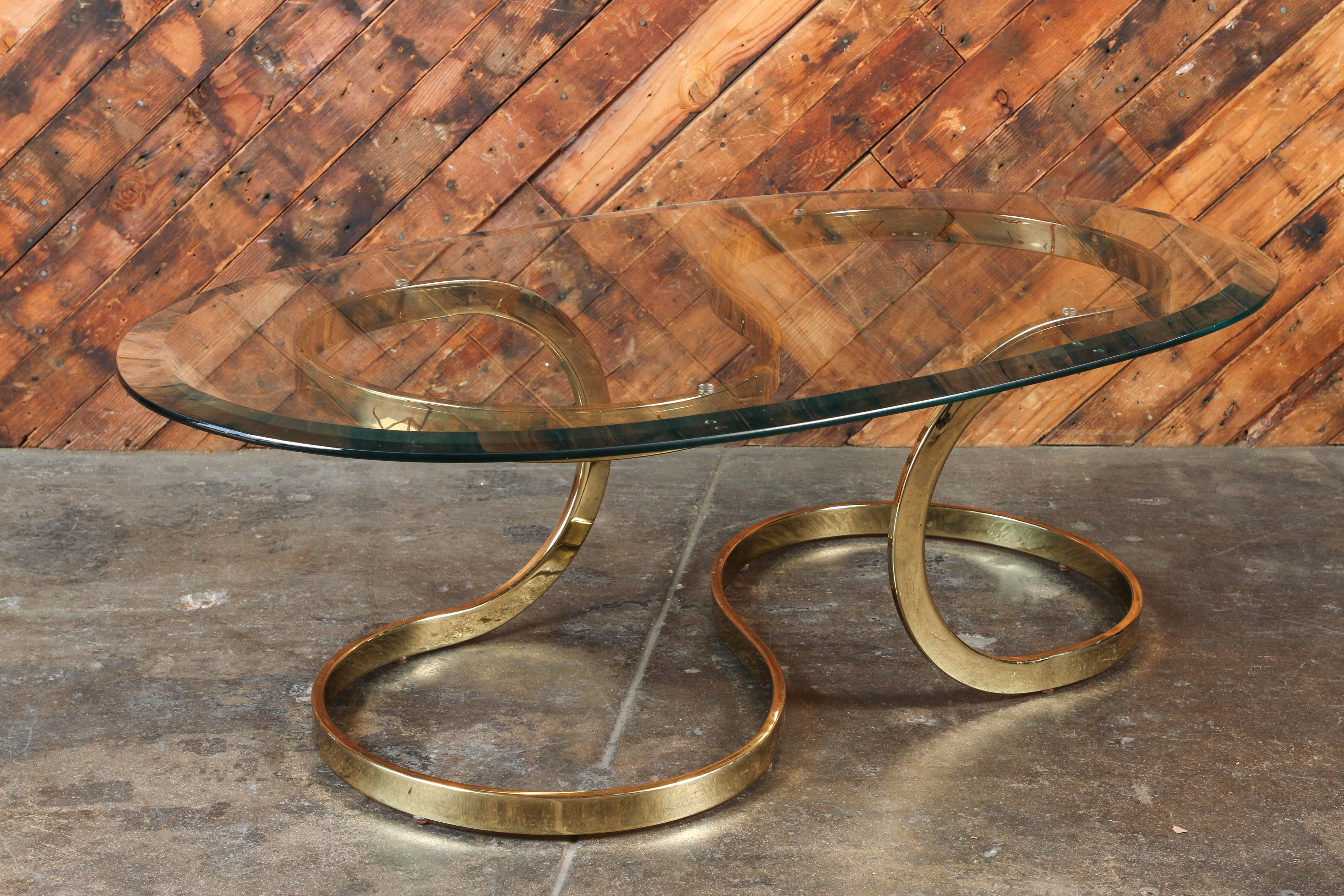 20th Century Vintage Brass Ribbon Coffee Table with Glass Top