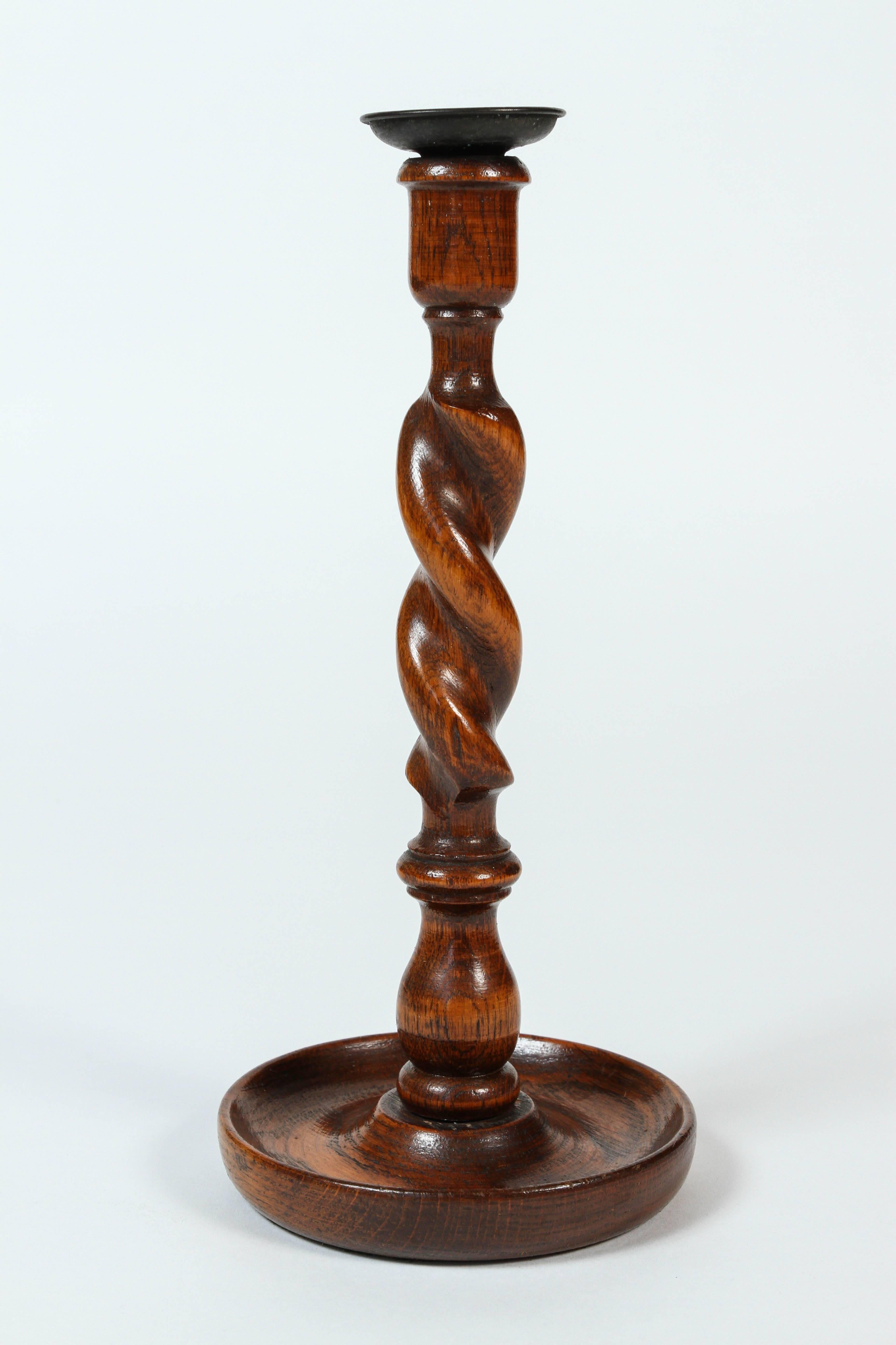 Pair of Antique Twisted Turned Wood Candlesticks In Excellent Condition In Pasadena, CA