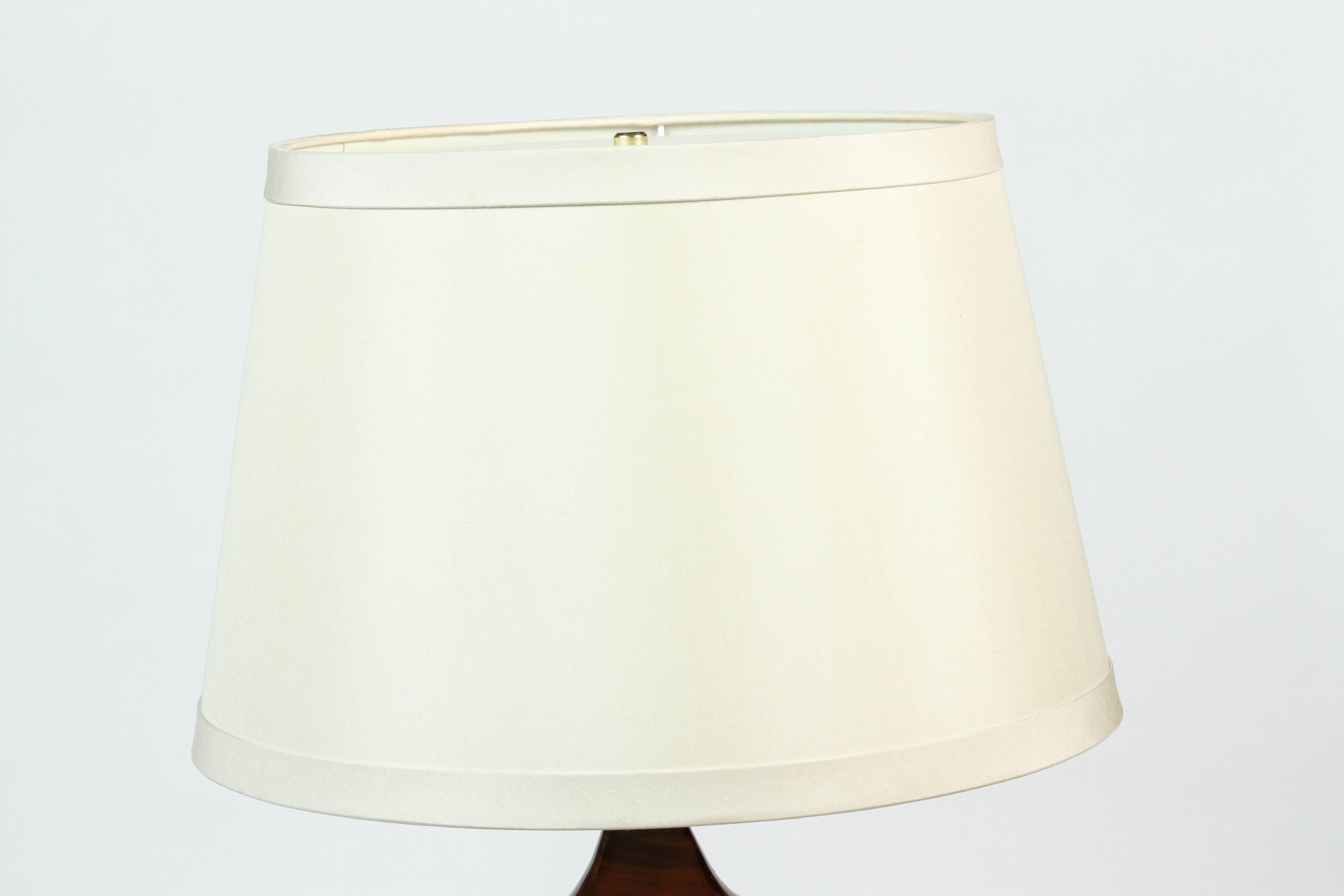 Large round ceramic midcentury lamp with all new wiring and custom silk shade.