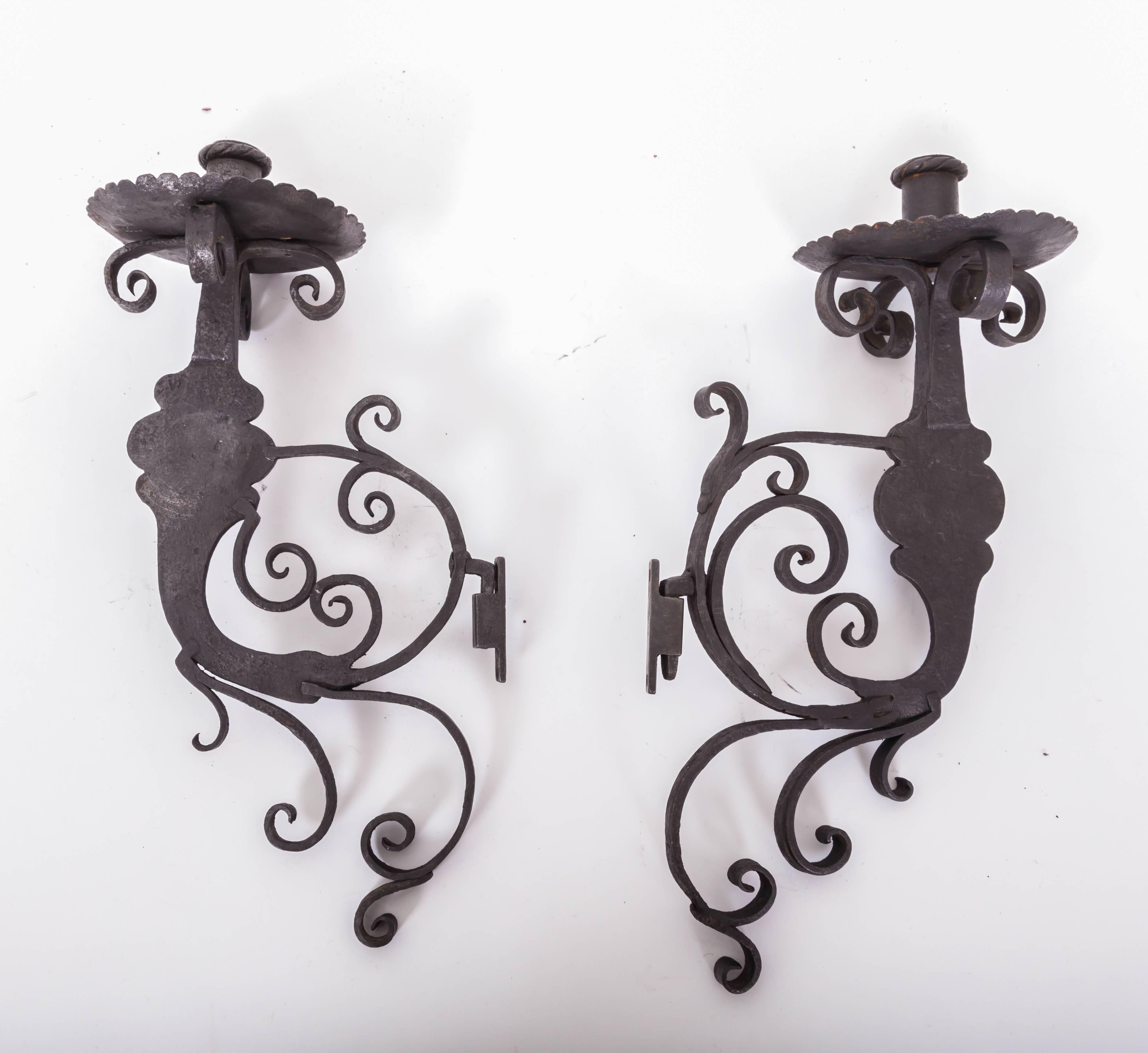 Pair of 17th Century European Hand-Forged Iron Wall Candle Sconces 3