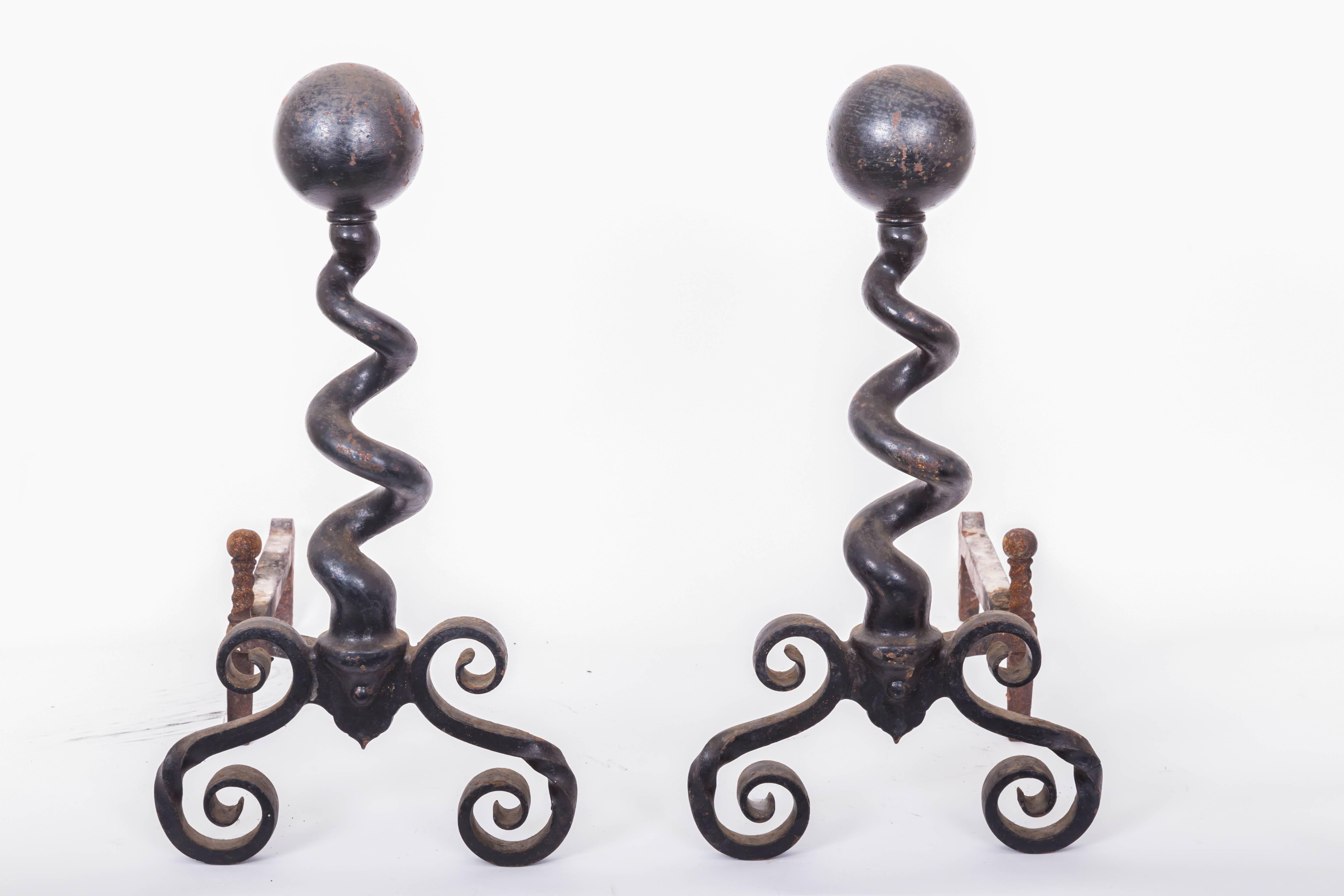 Cannonball Cork Screw Andirons In Excellent Condition In Southampton, NY