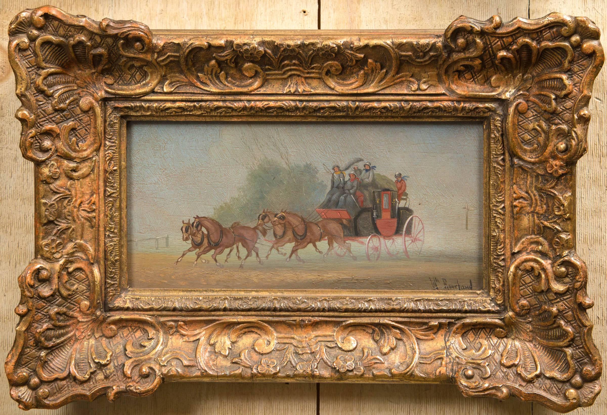 Set within carved giltwood frames, each depicts a coach, horses, driver and passengers.
Painted on wooded panels. Each signed Wm. Rowland, a 19th century British artist.
The dimensions, including the frames, are 17.5 W x 12 T.