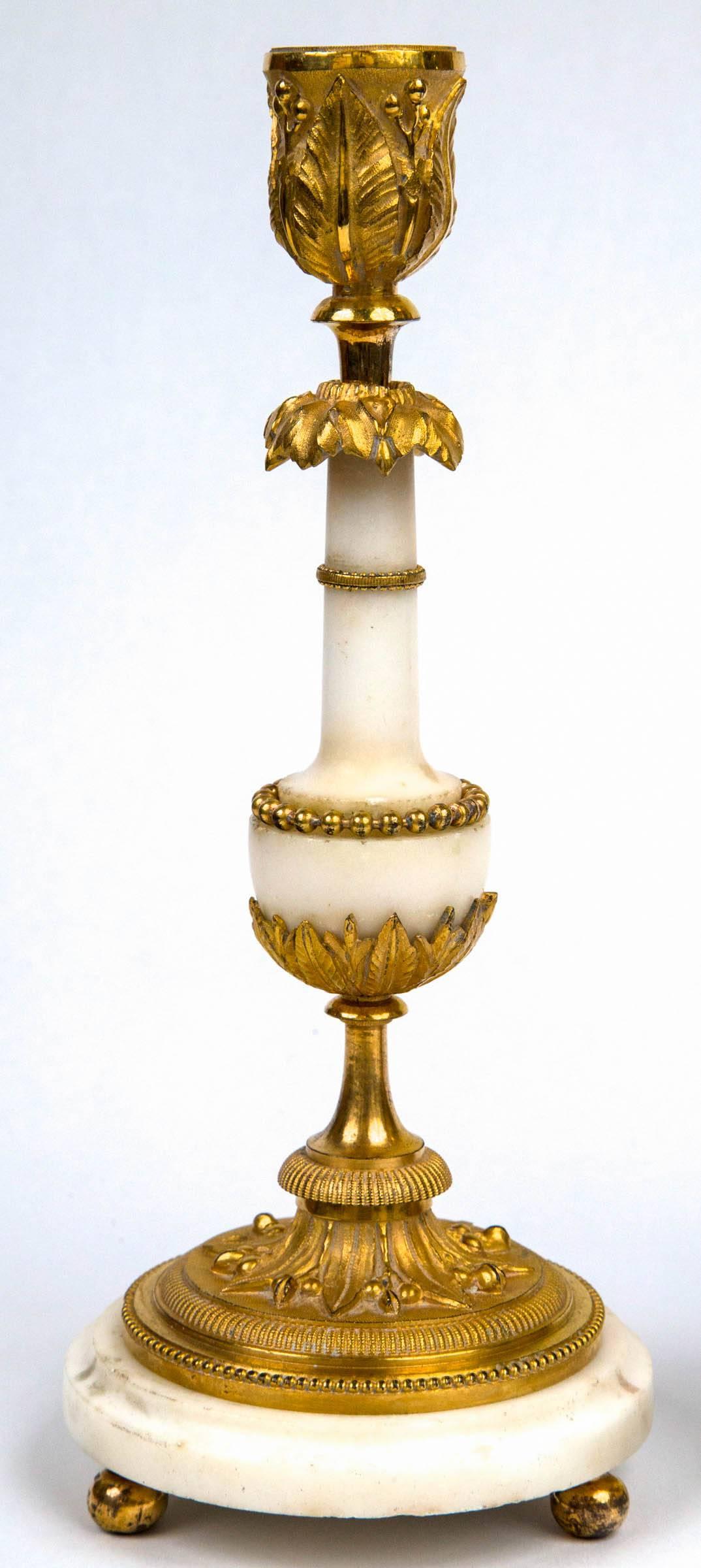Neoclassical Pair of White Marble and Gilt Bronze, Late 18th Century Baltic Candlesticks