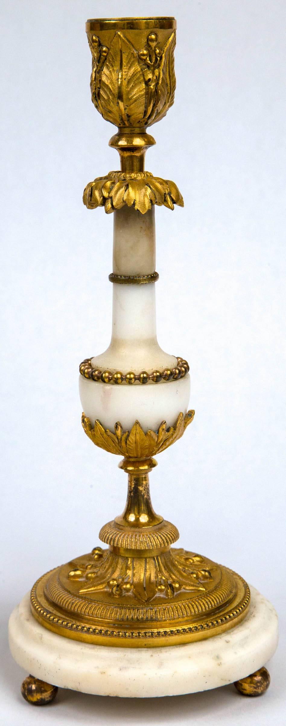 Pair of White Marble and Gilt Bronze, Late 18th Century Baltic Candlesticks In Excellent Condition In Woodbury, CT