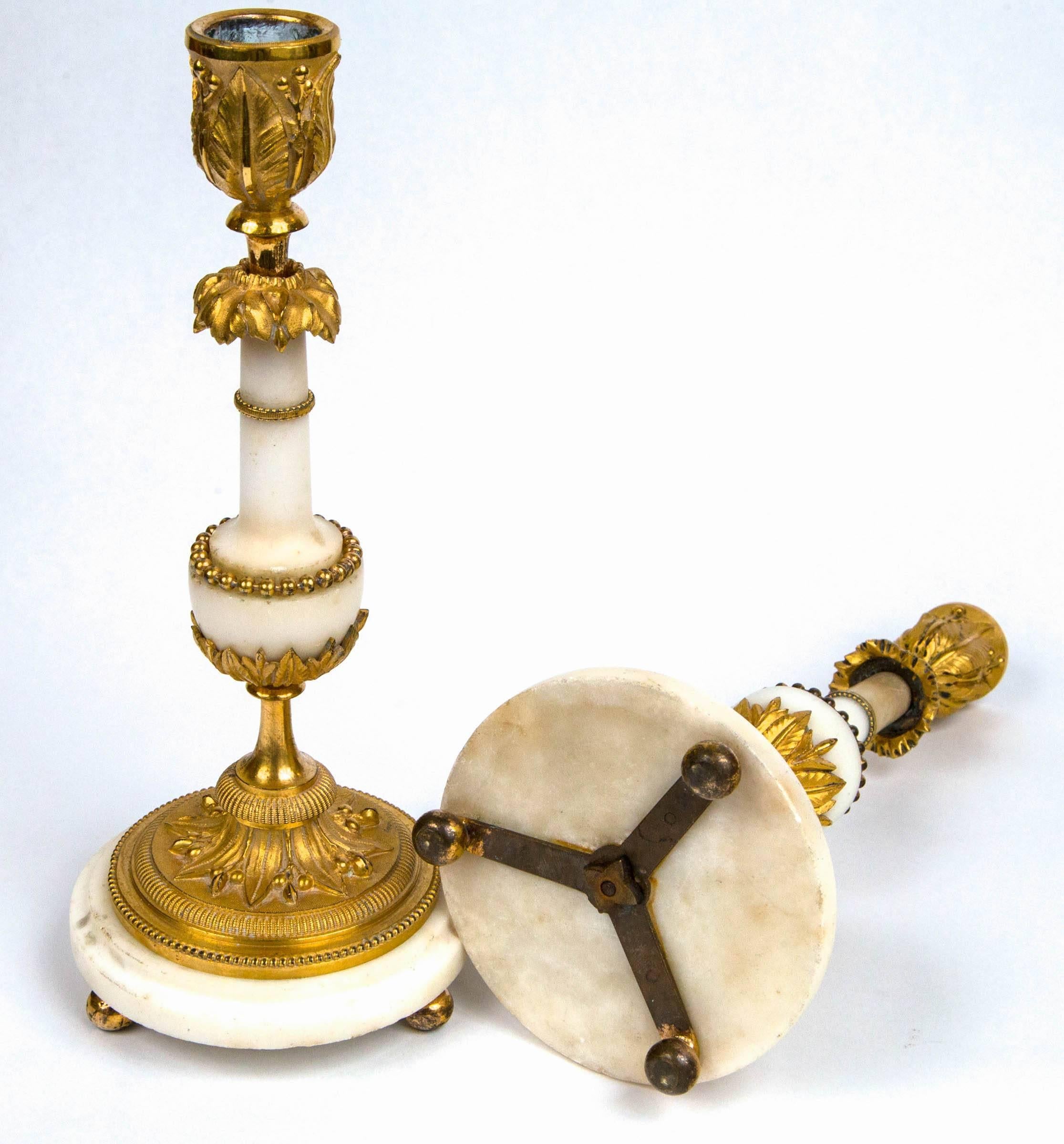 Pair of White Marble and Gilt Bronze, Late 18th Century Baltic Candlesticks 2