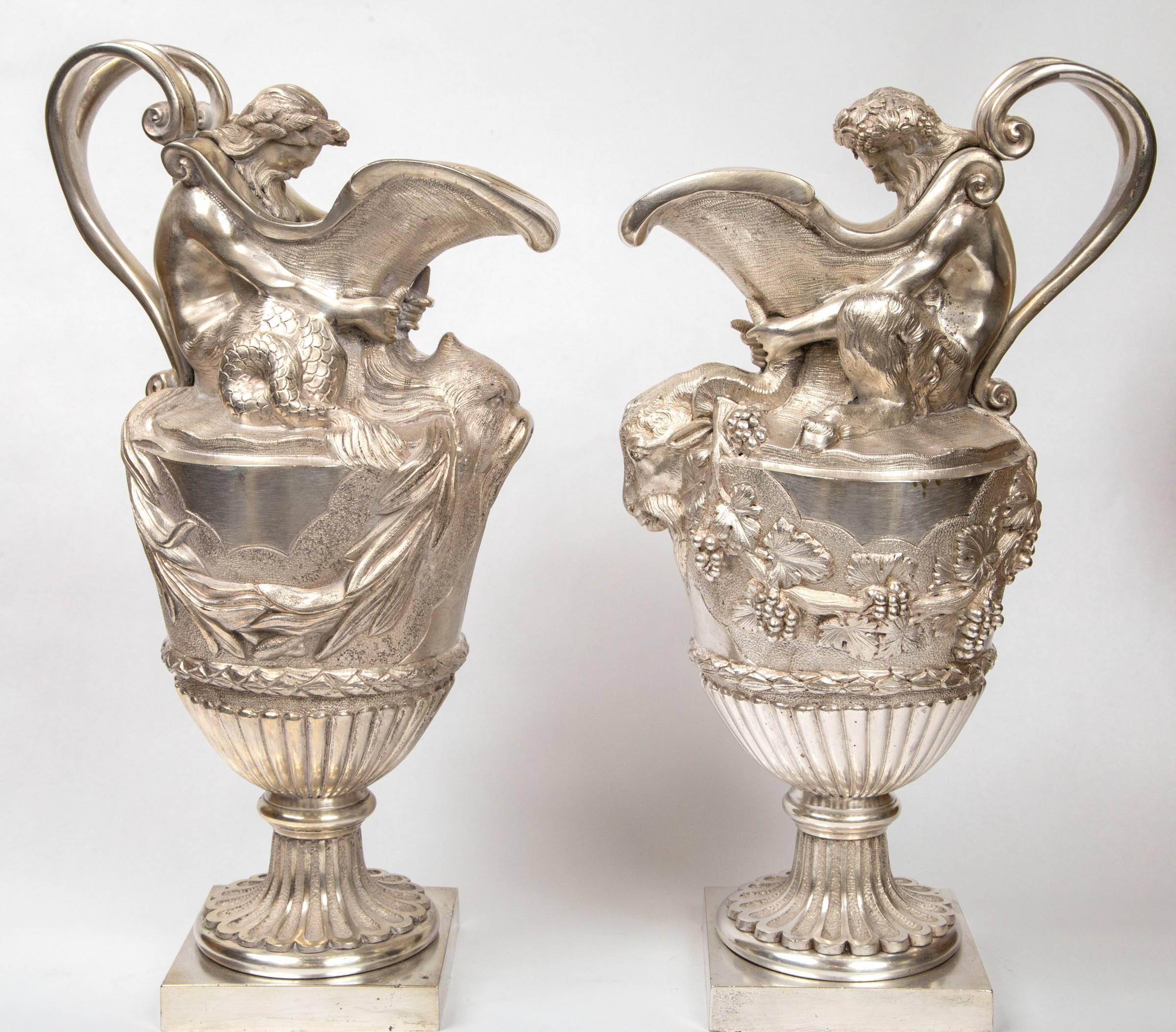 18th Century Pair of French Silvered  Bronze Ewers For Sale