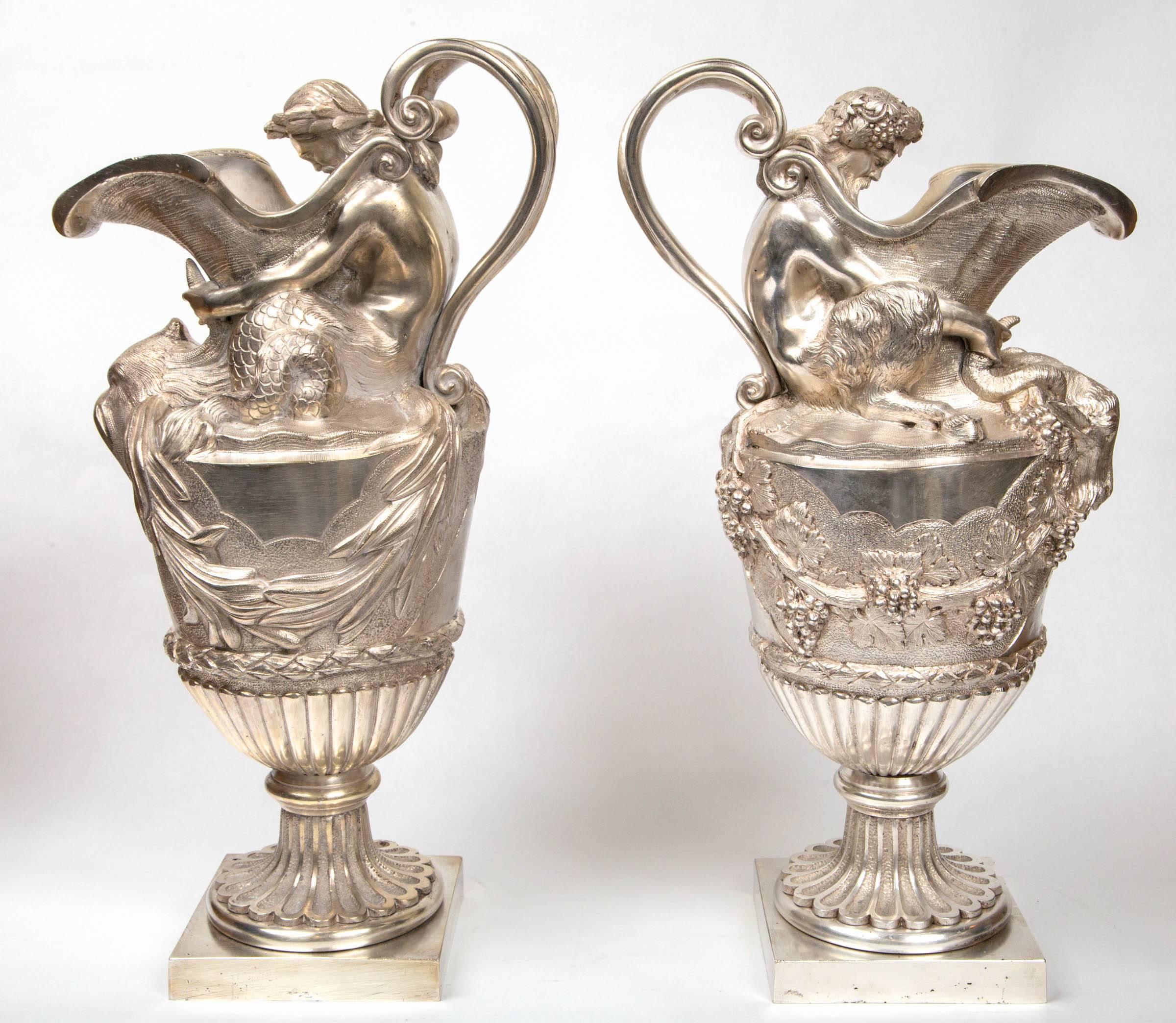 Pair of French Silvered  Bronze Ewers For Sale 2