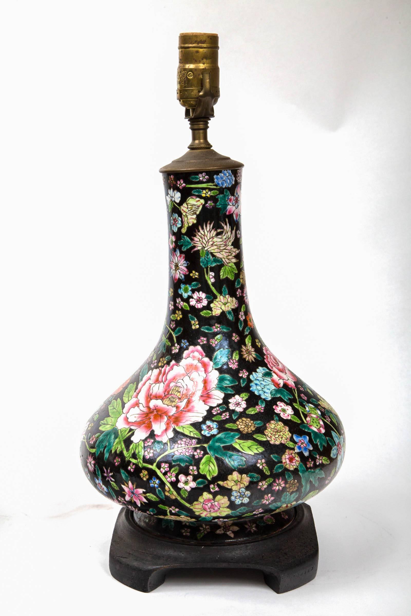 Hand-Painted Pair of Chinese, 19th-20th Century Black Ground Porcelain Bottle Form Vases For Sale