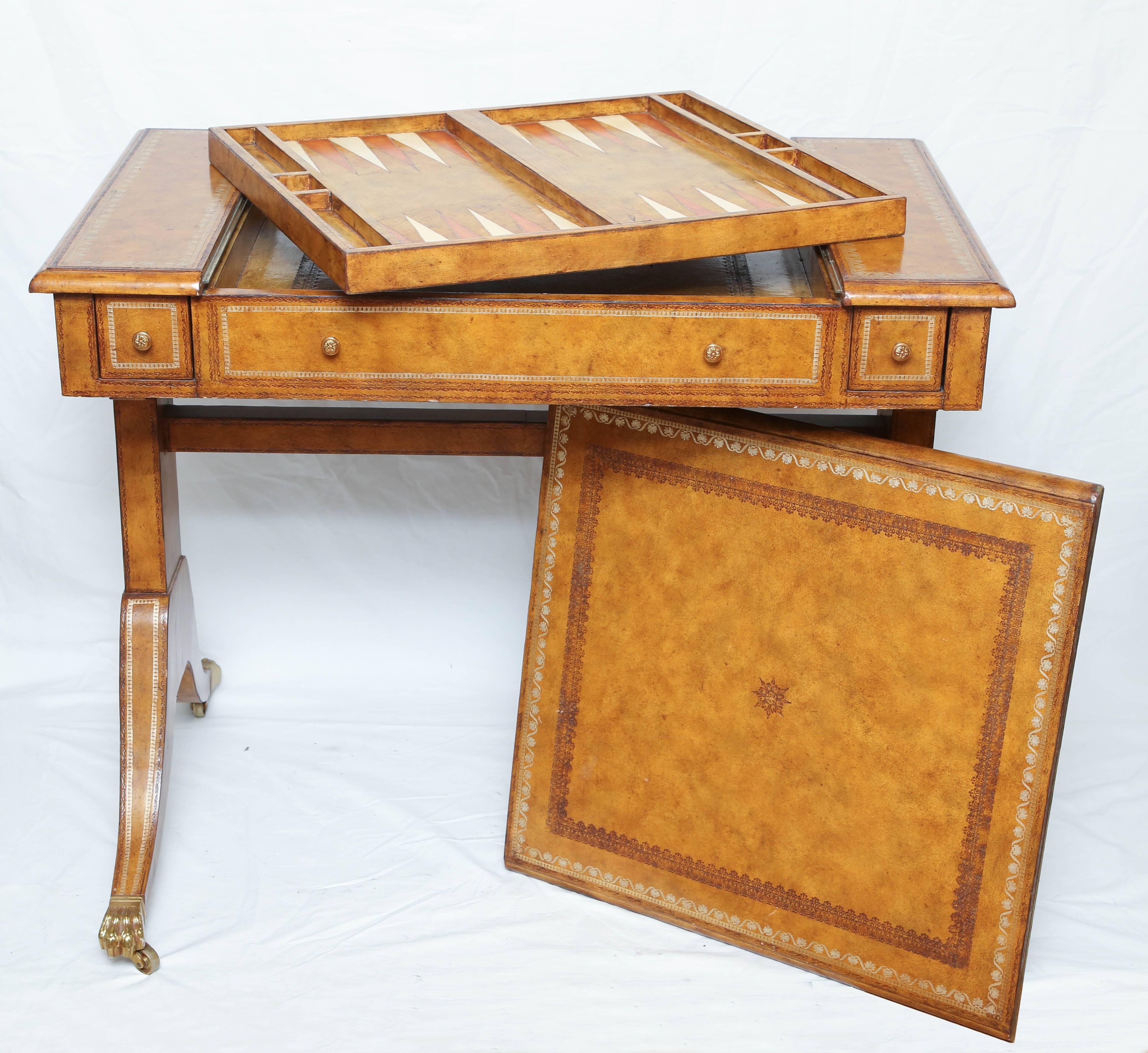 Regency Style Embossed Leather Game Table In Good Condition In West Palm Beach, FL