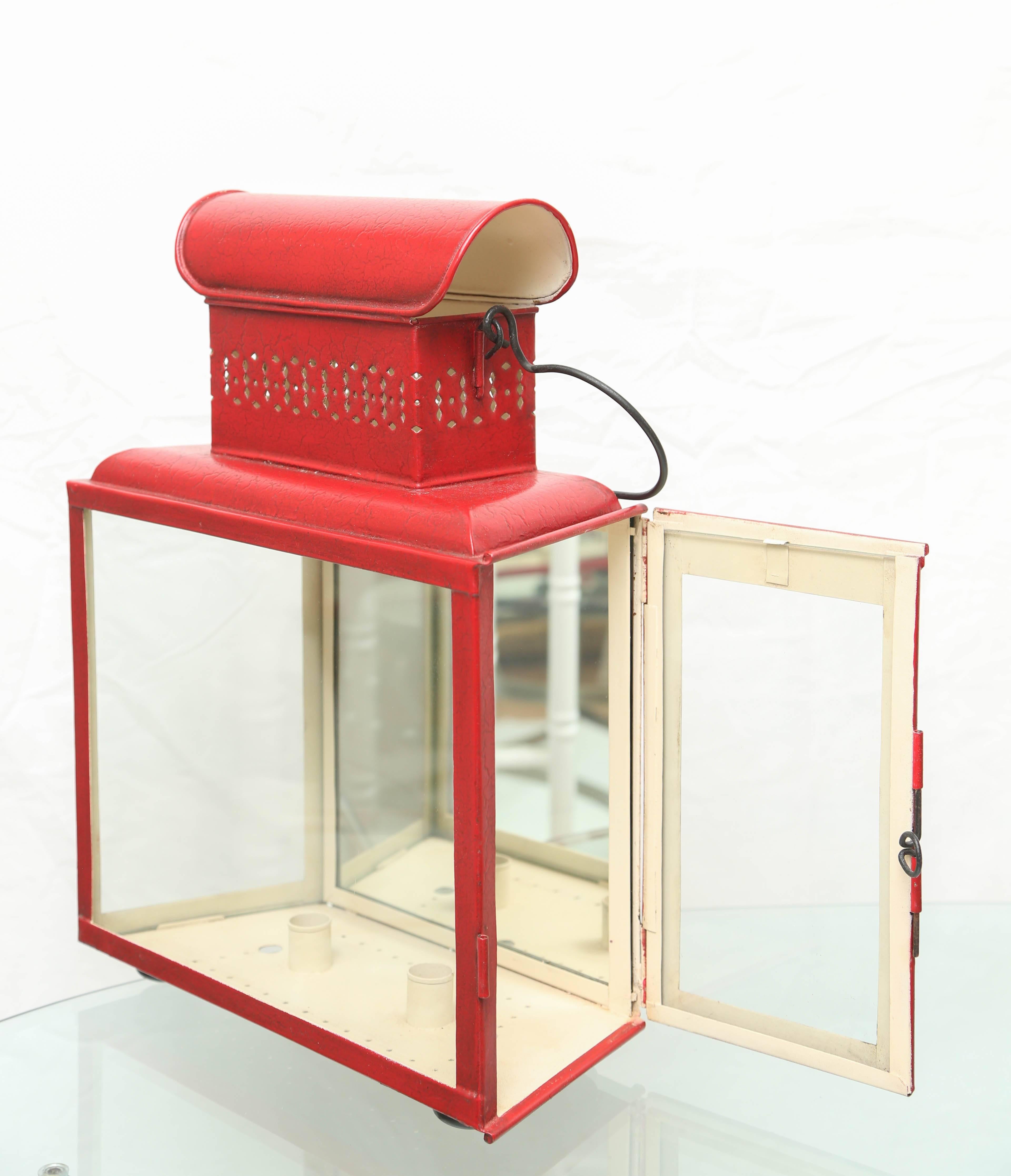 20th Century Pair of Large Red Tole Lanterns