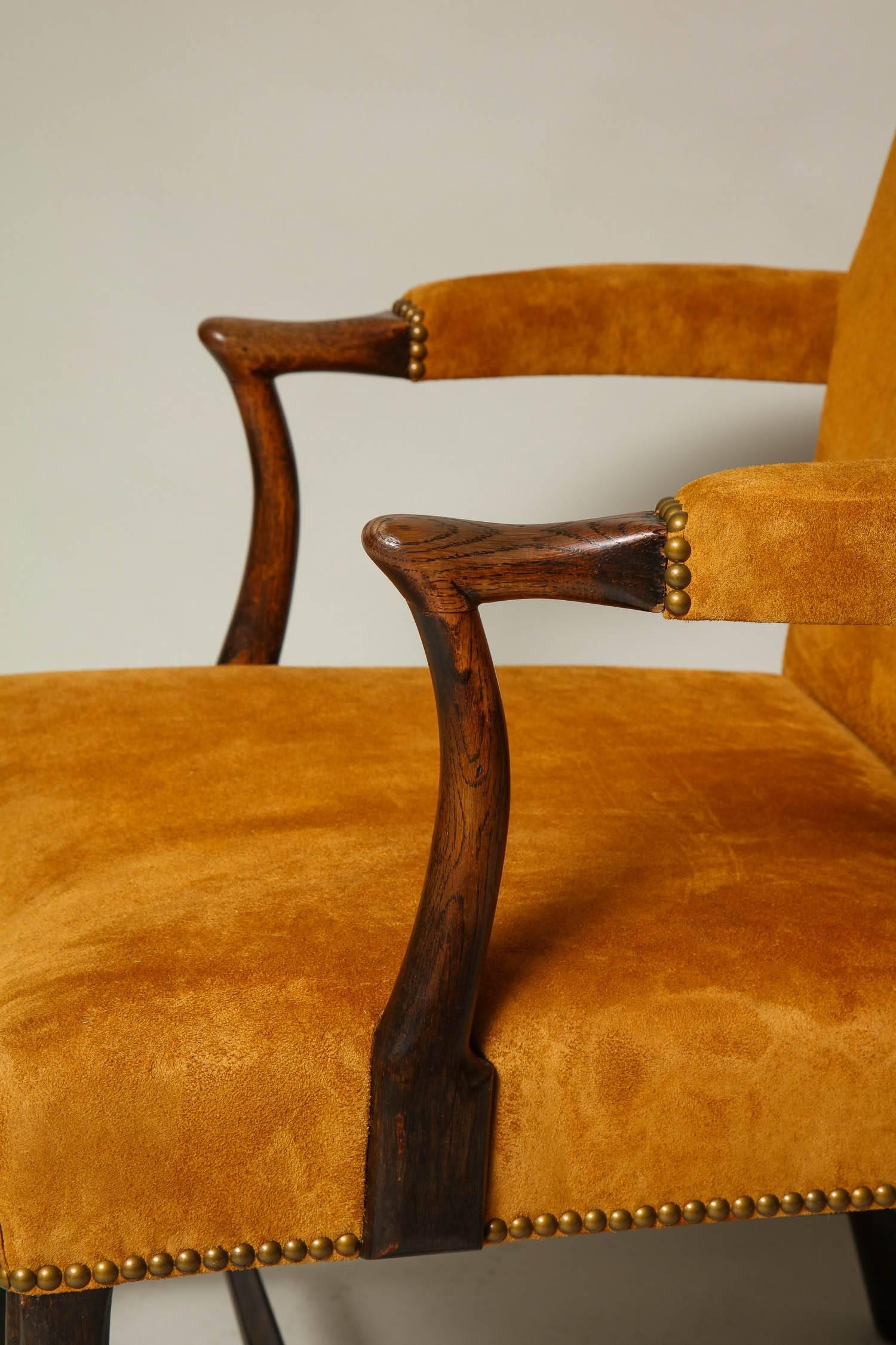 Scottish Oak and Suede Library Chair In Excellent Condition In Greenwich, CT