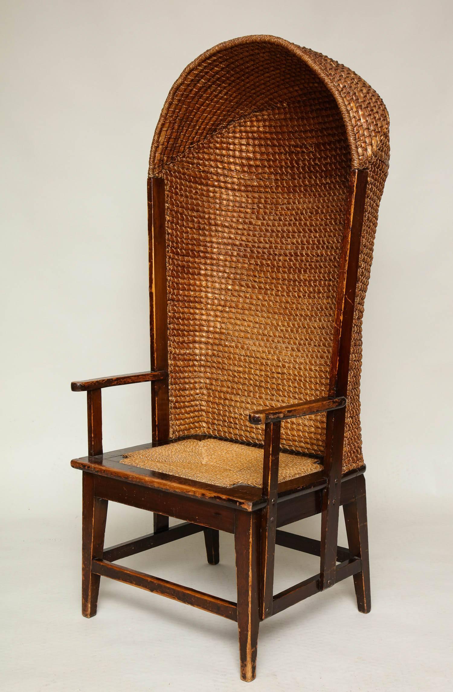 Very fine and unusual 19th century Scottish woven rush and wood chair from the Orkney Islands, this example is remarkable for its age, condition and the uncommon hooded back reminiscent of a Georgian porter's chair and probably conceived for the