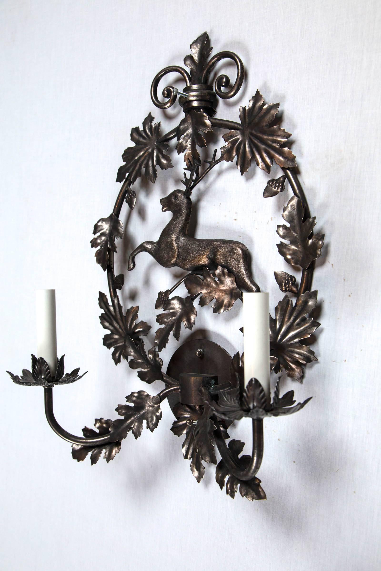Late 20th Century Pair of New, Old Stock Handcrafted Metal Stag Sconces