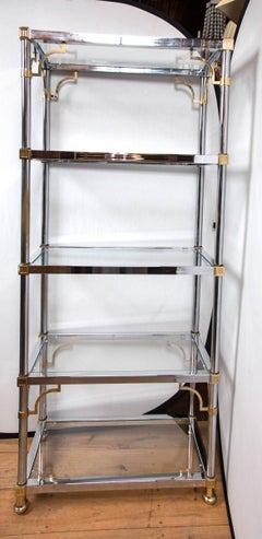 Chrome and Brass Chinoiserie Étagère, Glass Shelves, Vintage 1970s