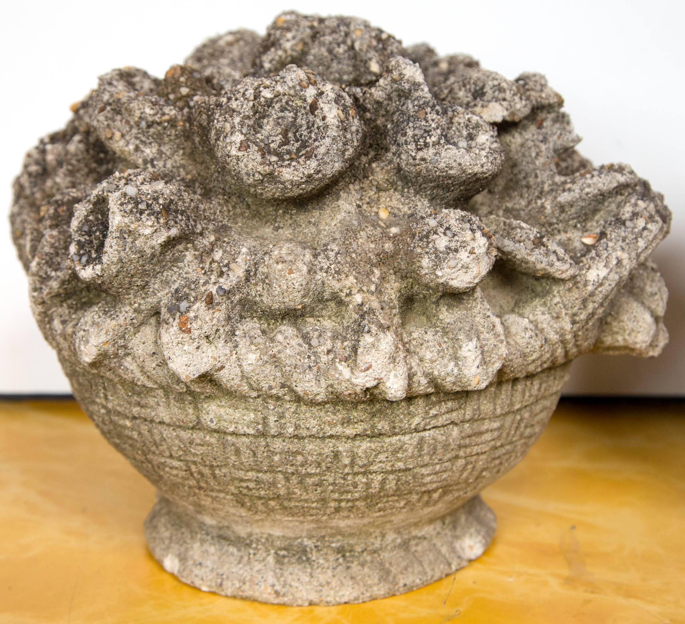 Pair of Cast Stone Baskets of Flowers from England In Excellent Condition In Stamford, CT