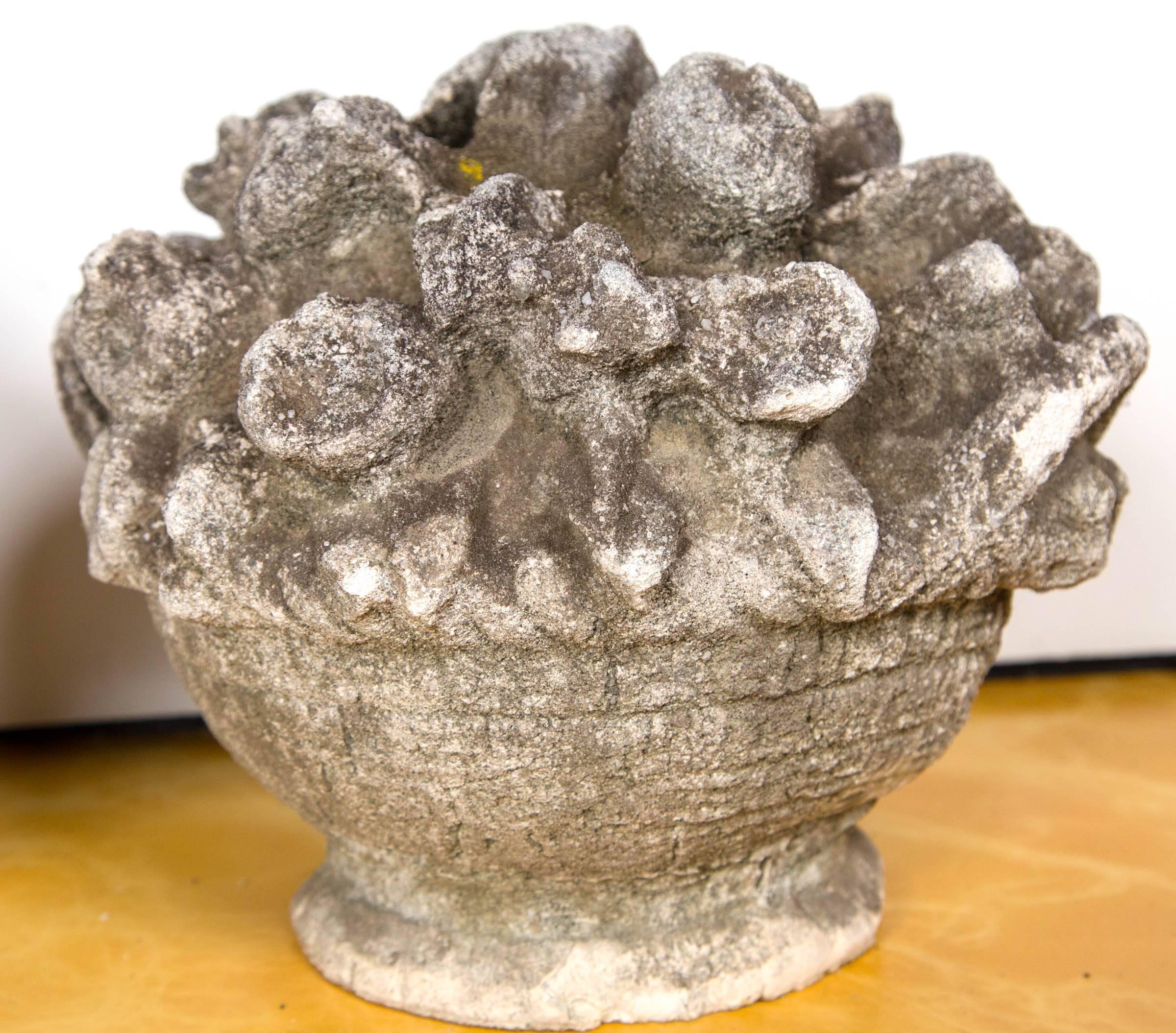 Early 20th Century Pair of Cast Stone Baskets of Flowers from England