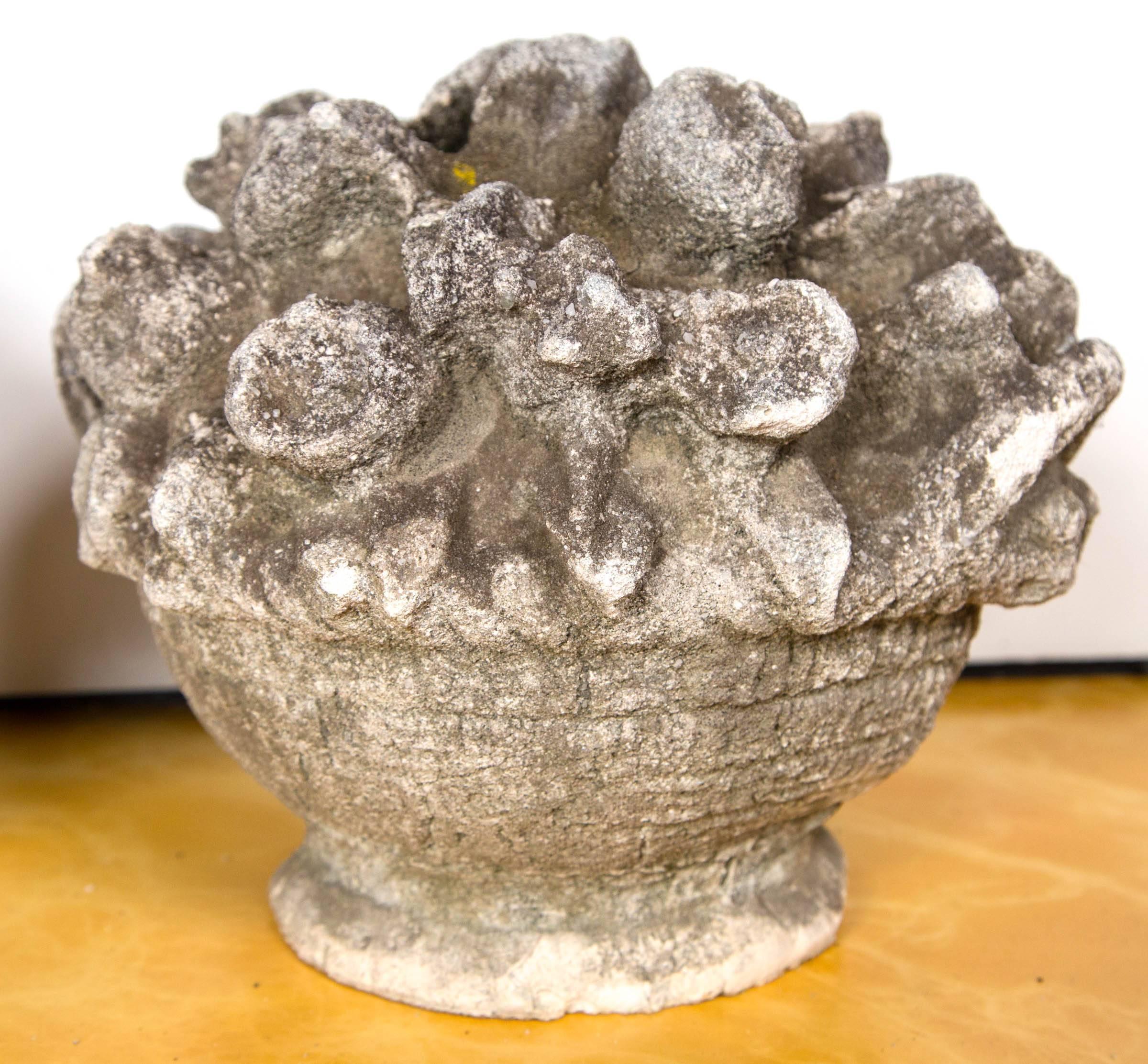 Pair of Cast Stone Baskets of Flowers from England 1