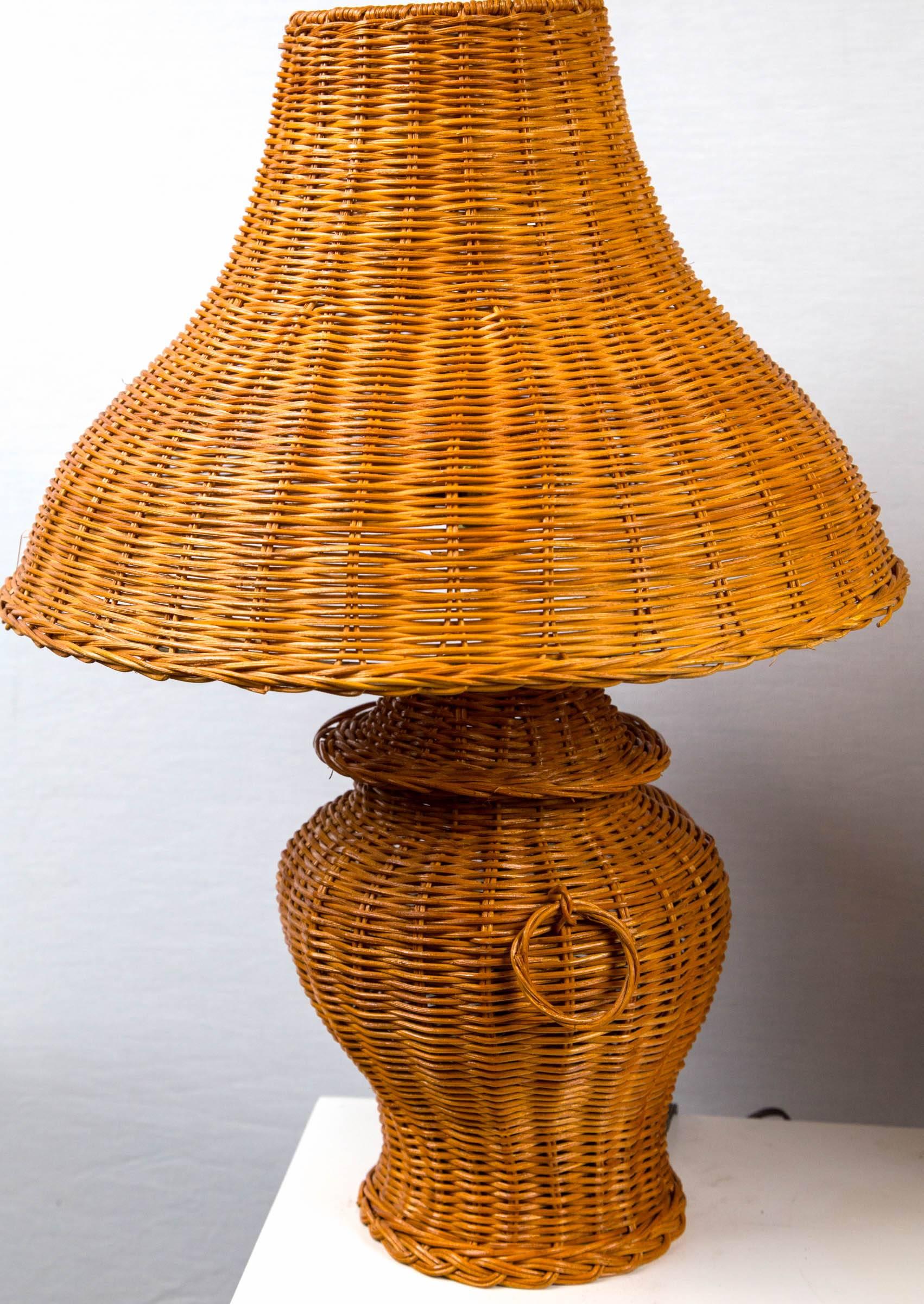 Late 20th Century Pair of Natural Wicker Lamps and Shades