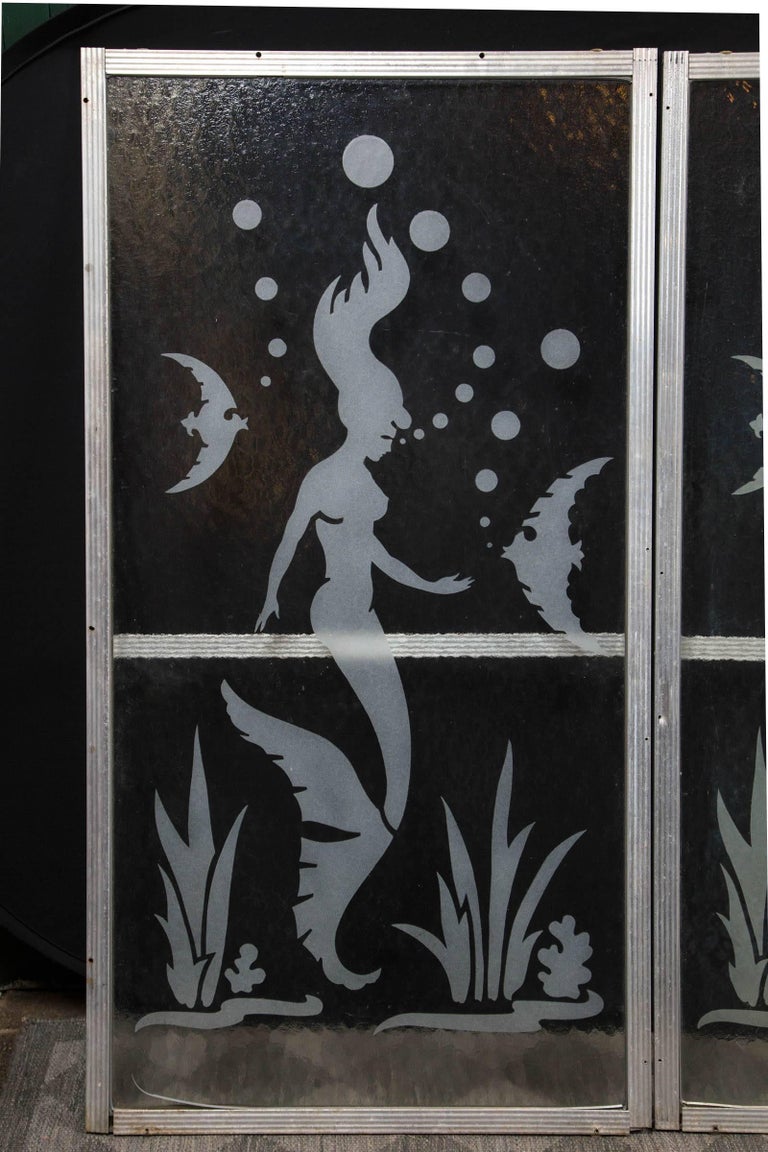 Pair of Mermaid Etched Glass Panels For Sale at 1stdibs