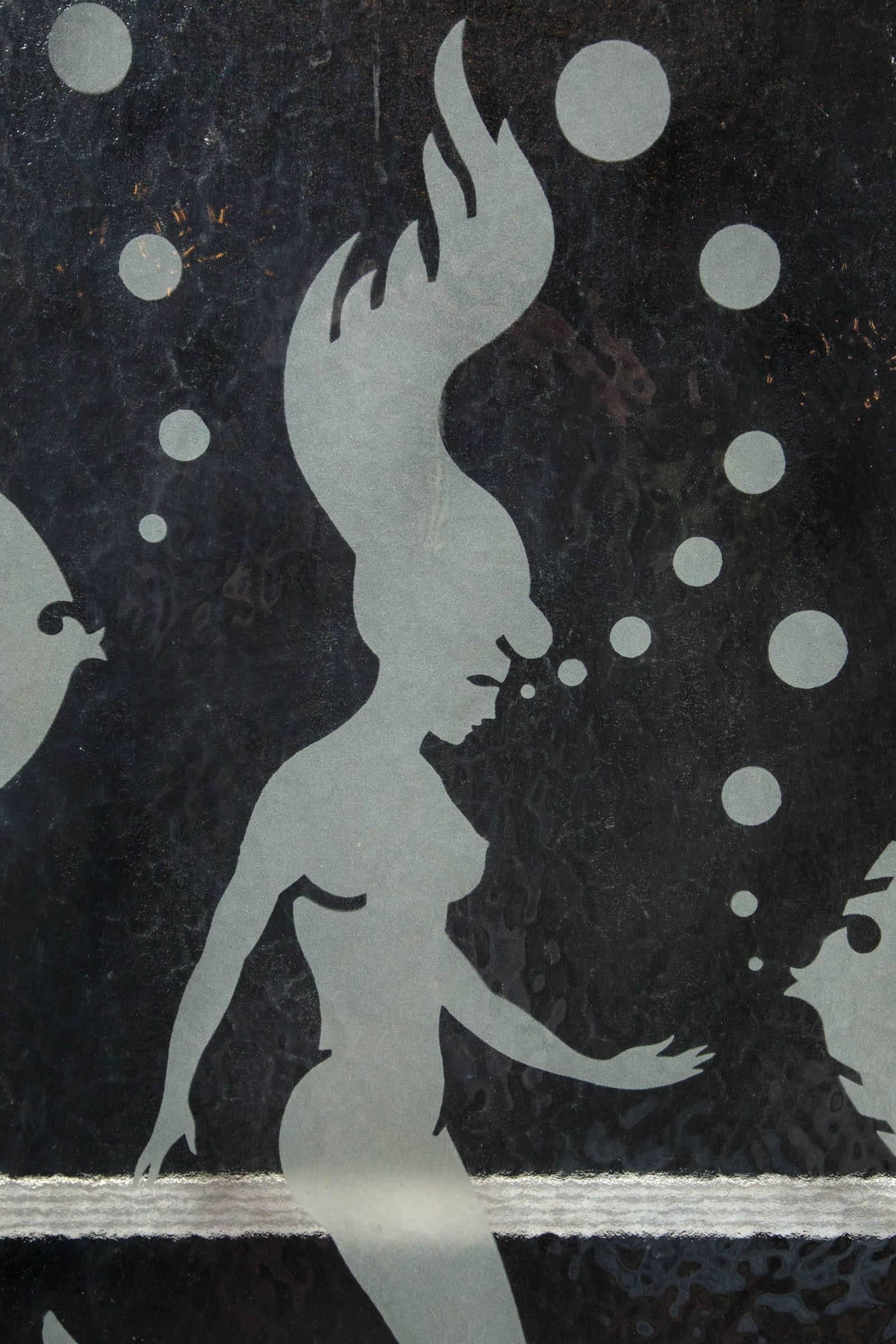Mid-Century Modern Pair of Mermaid Etched Glass Panels