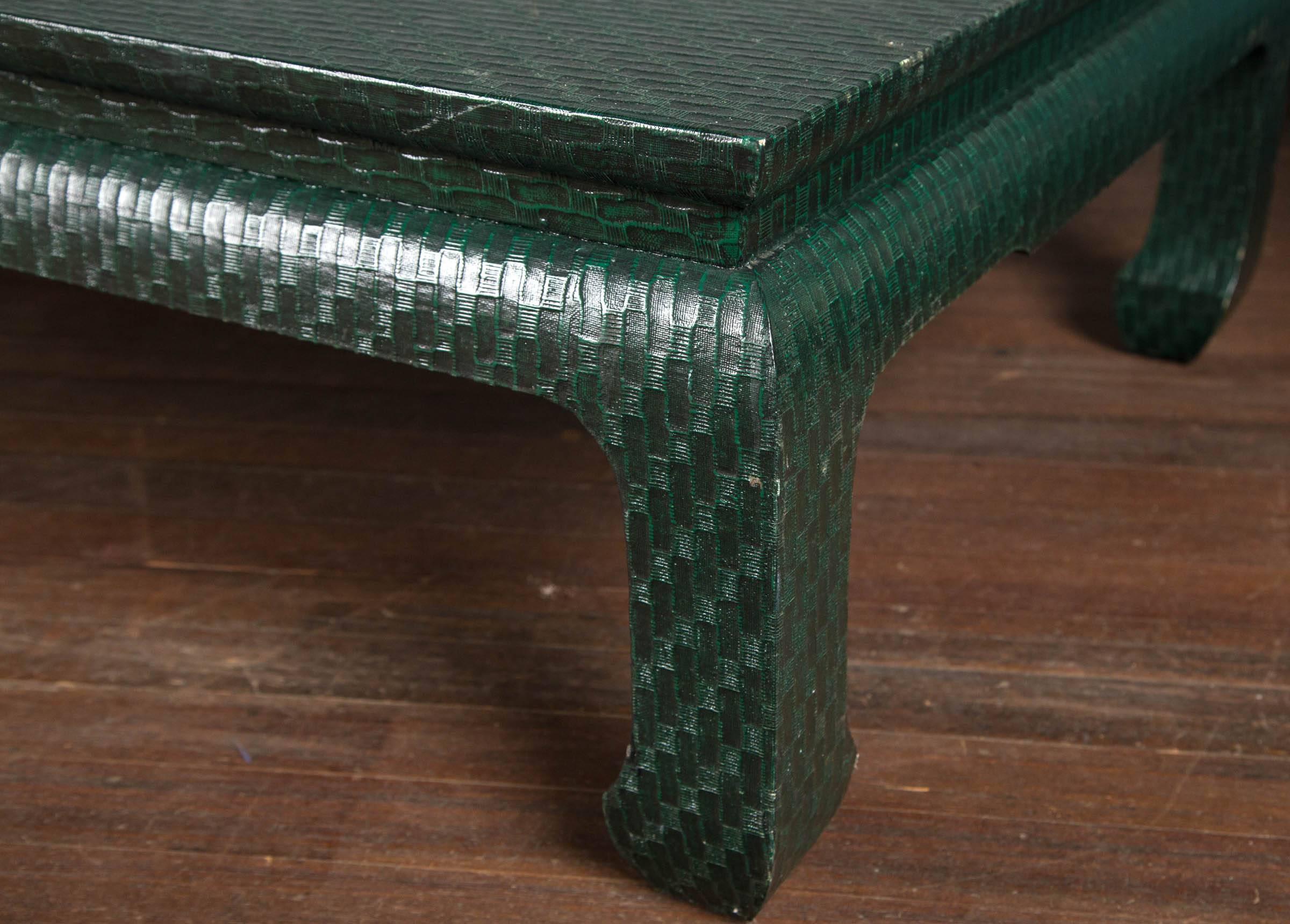 Baker Furniture chinoiserie style green grasscloth type textured finish coffee table.
 