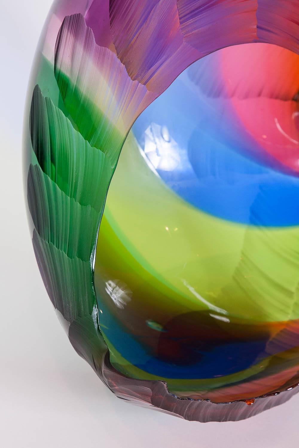 Free blown and sculpted glass by the British artist Graham Muir.
In his own words:

'I find glass to be a material that does not respond well to being dominated by the artist. For me the concept of the work is just the starting point for a