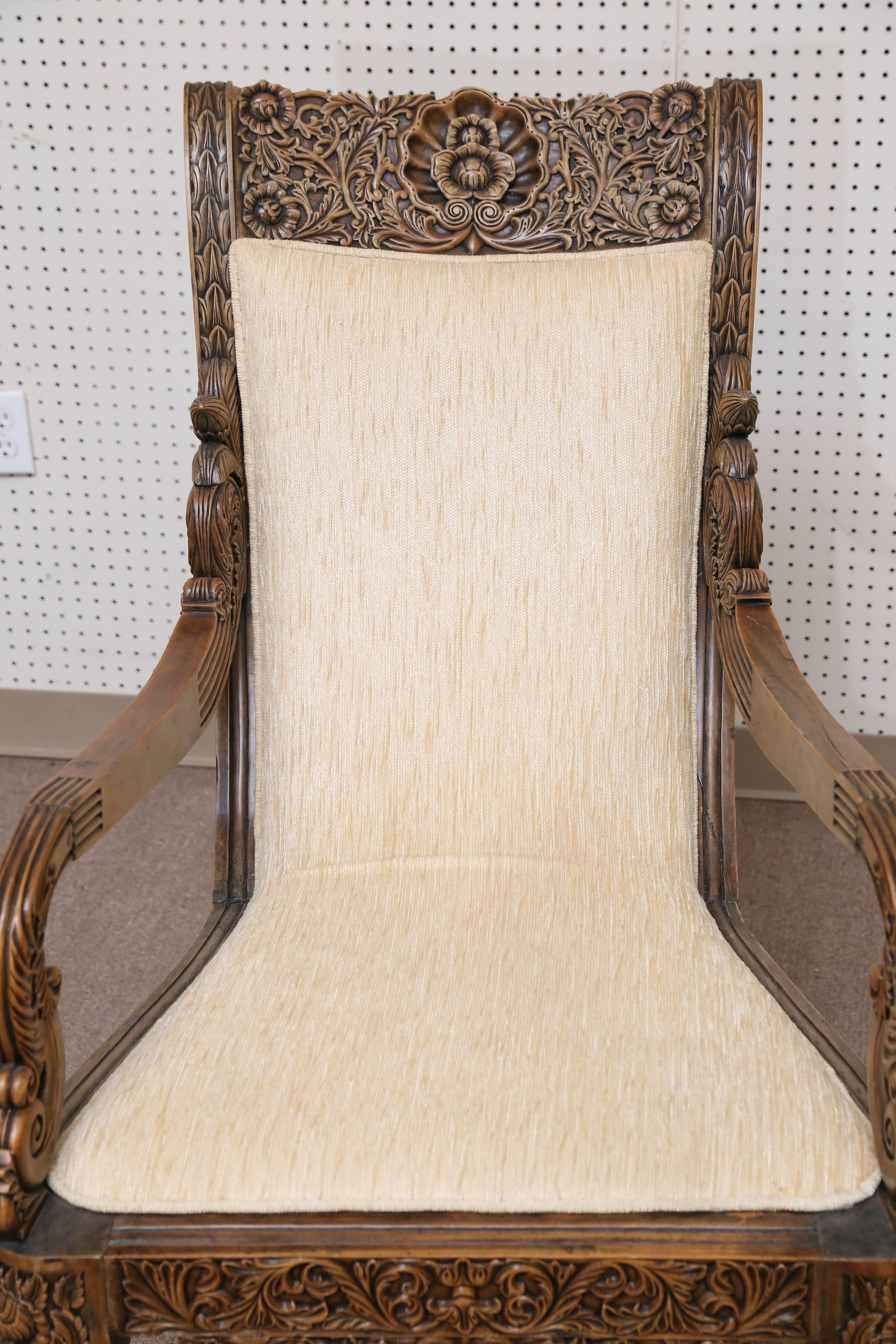 Pair of 19th Century Solid Satinwood Intricately Carved Plantation Chairs In Good Condition For Sale In Houston, TX
