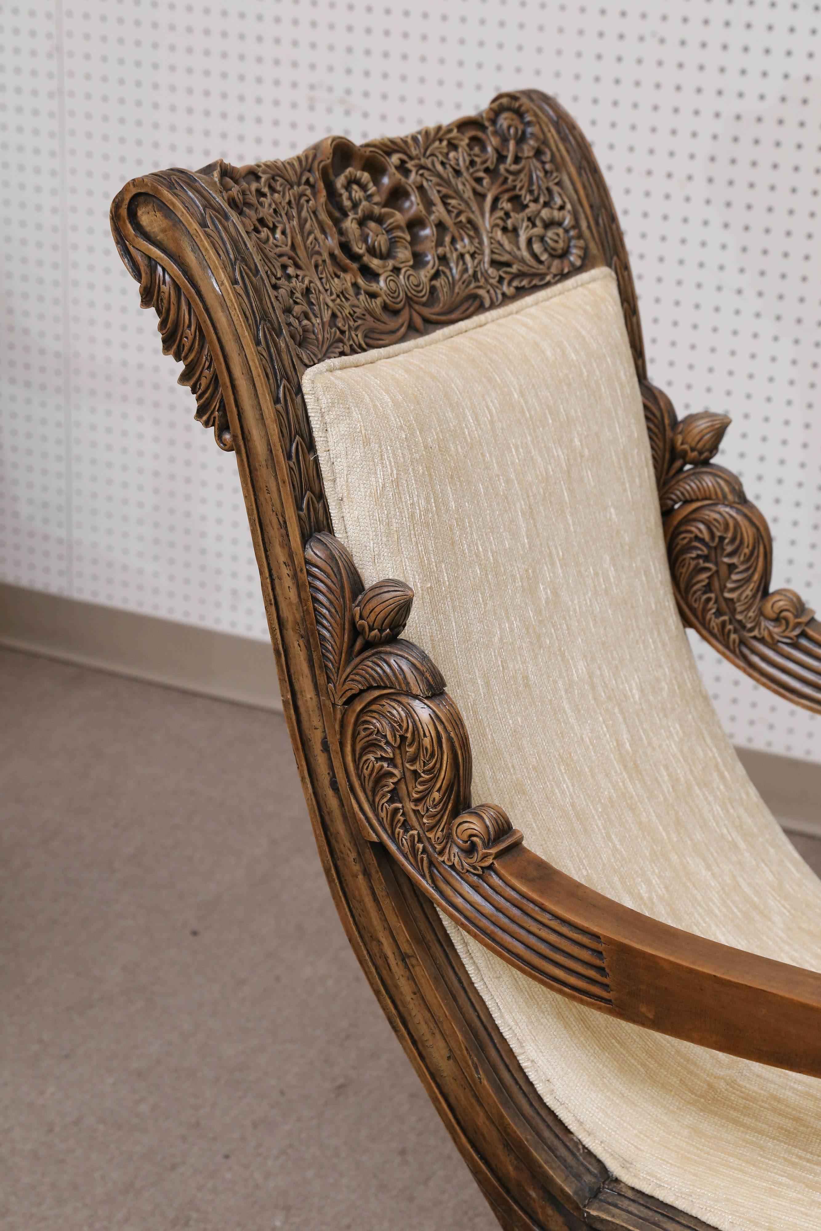Pair of 19th Century Solid Satinwood Intricately Carved Plantation Chairs For Sale 2