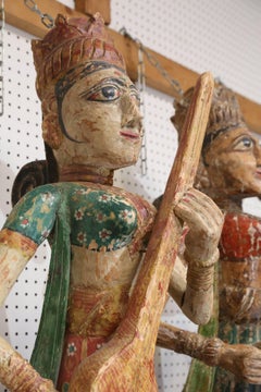Four 1920s Solid Wood Figures of Lady Musicians from a Jain Temple in Gujarat