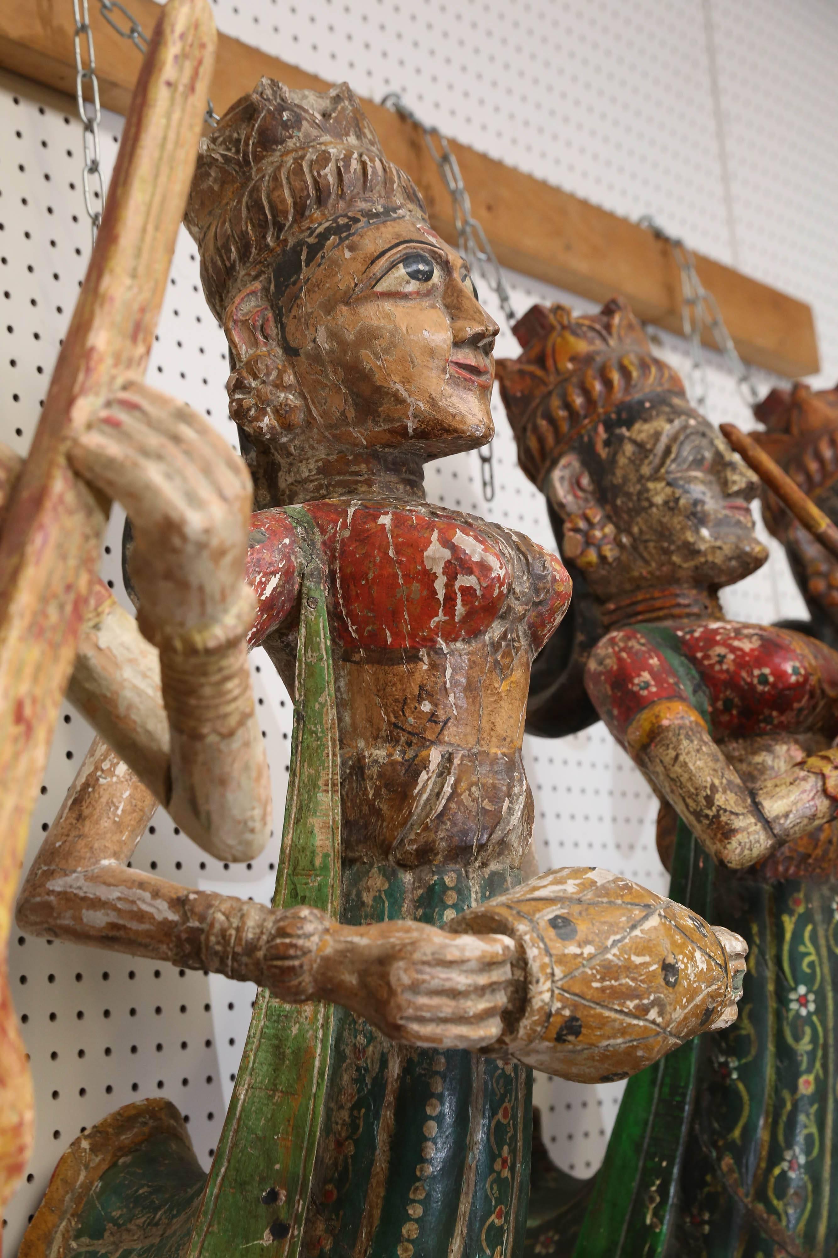 Indian Four 1920s Solid Wood Figures of Lady Musicians from a Jain Temple in Gujarat For Sale