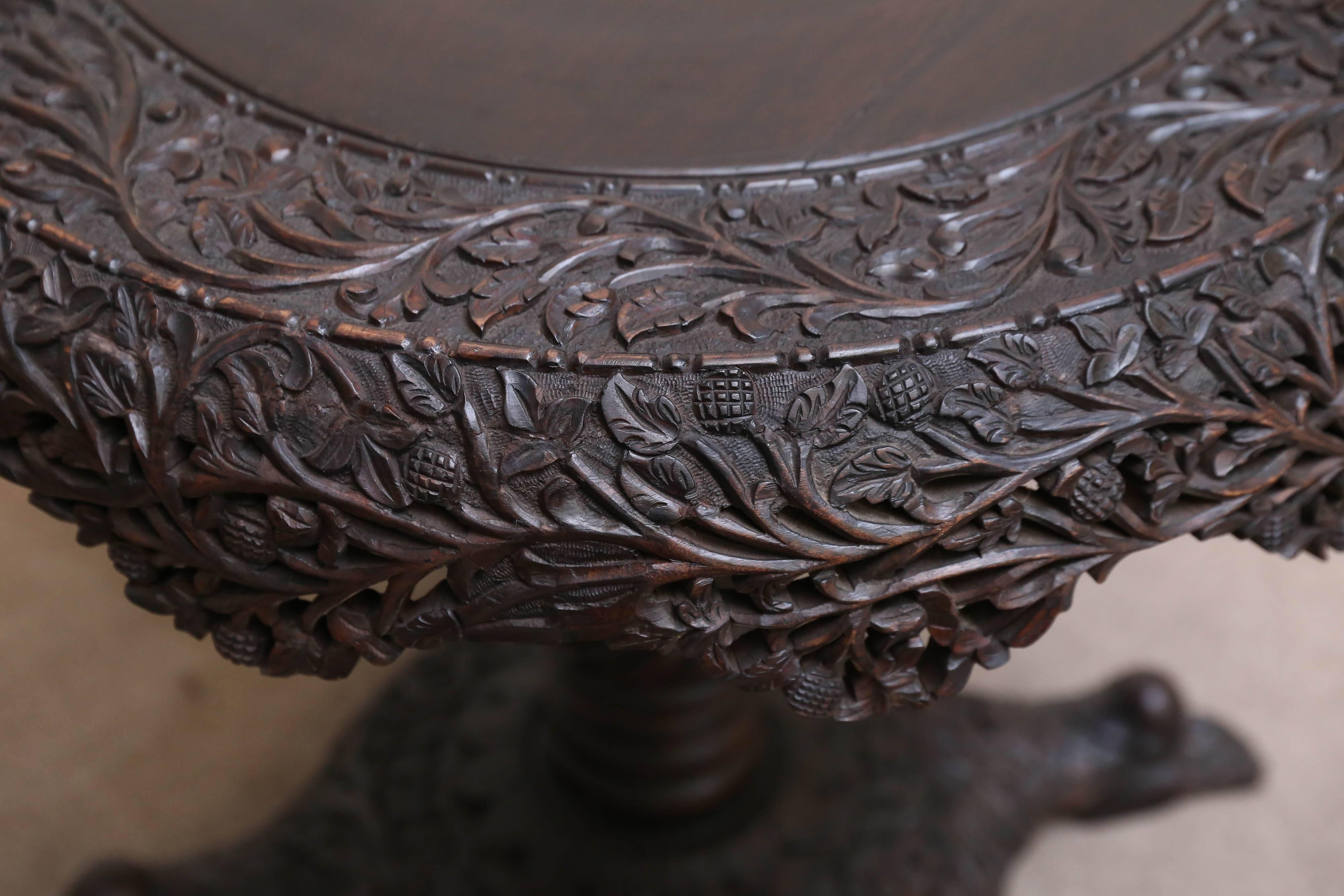 Indian 1920s Ebonized Solid Teak Wood Heavily Carved Center Table