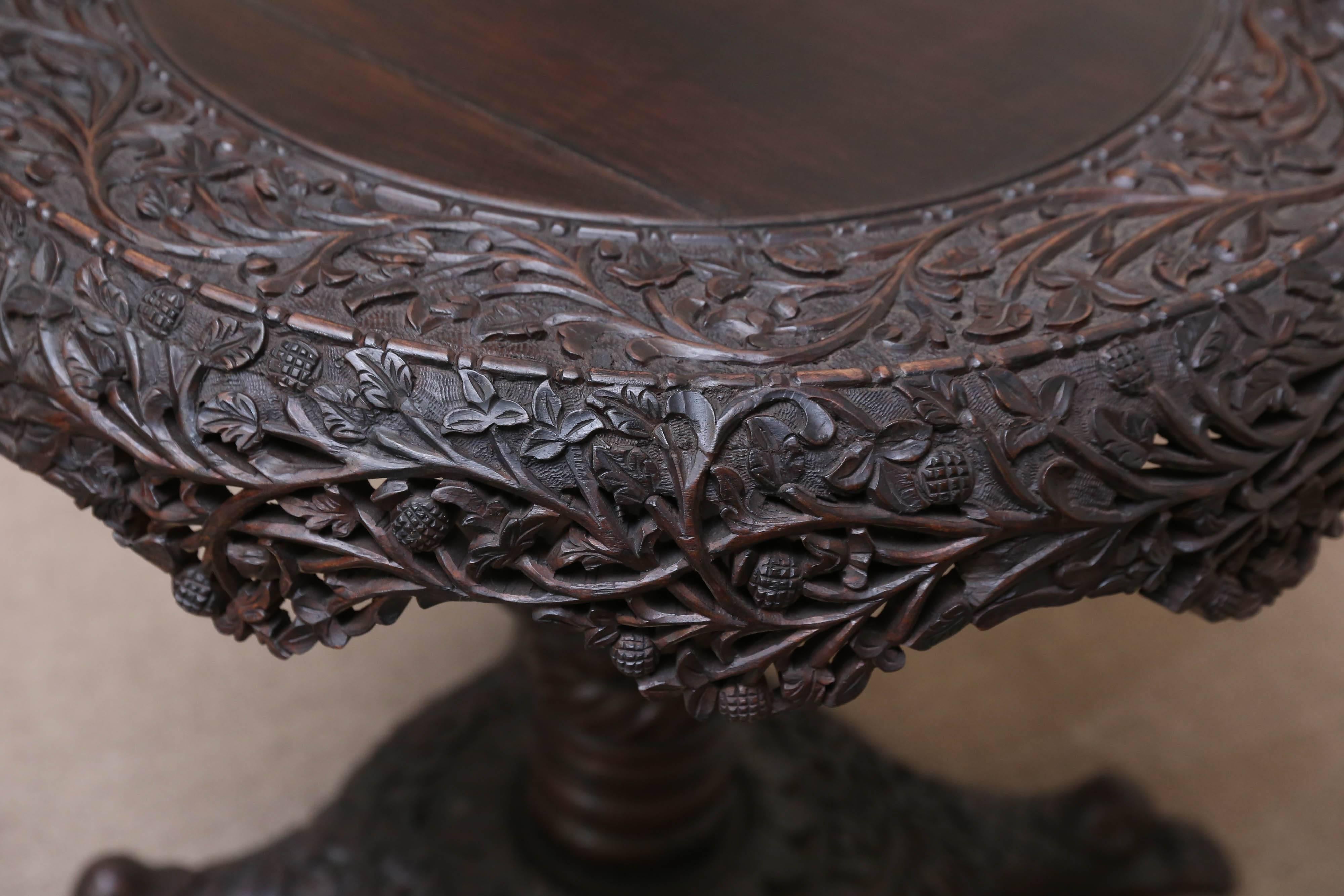 1920s Ebonized Solid Teak Wood Heavily Carved Center Table In Good Condition In Houston, TX