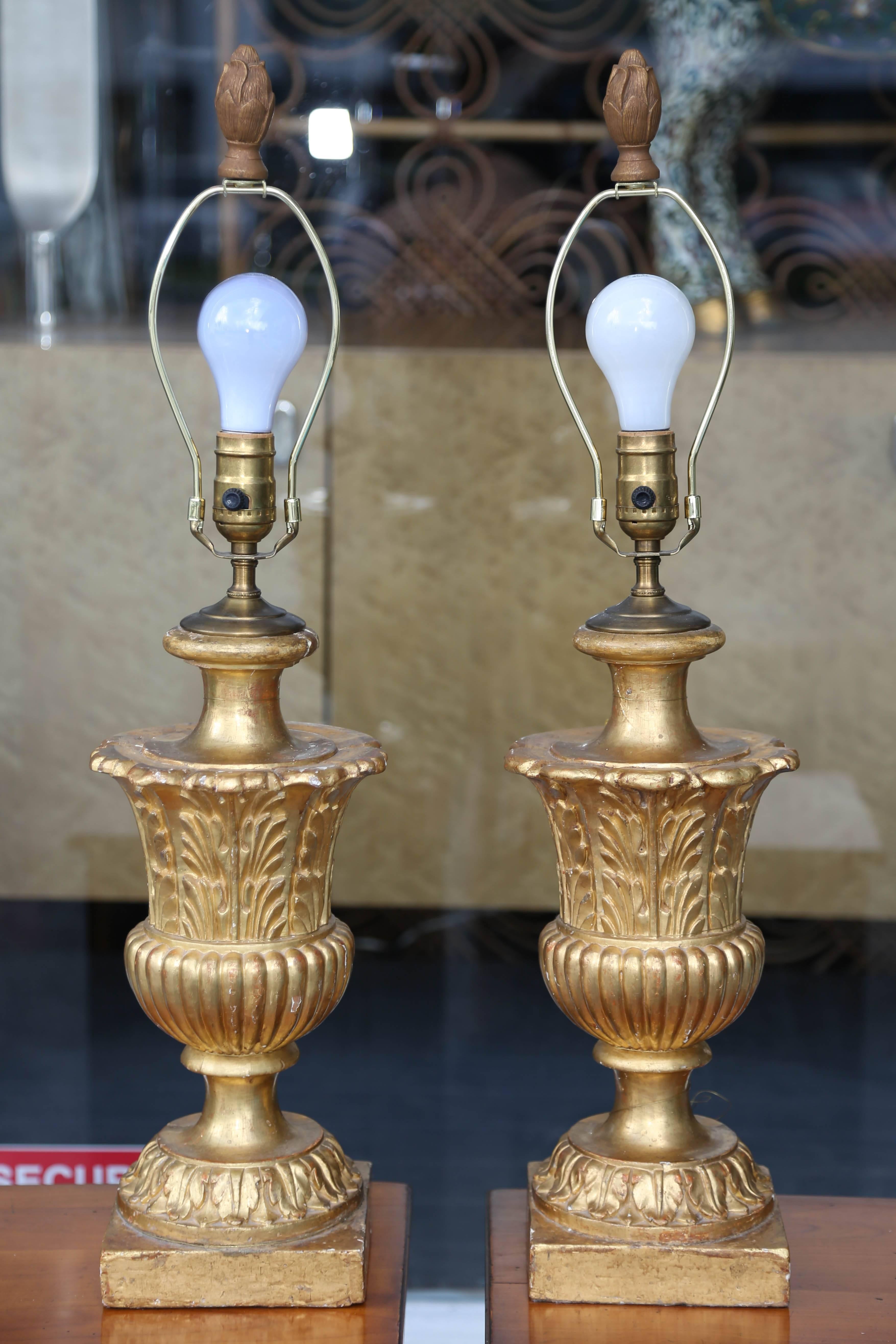 Fine Pair of 19th Century Neoclassic Giltwood Urns Now Electrified 1